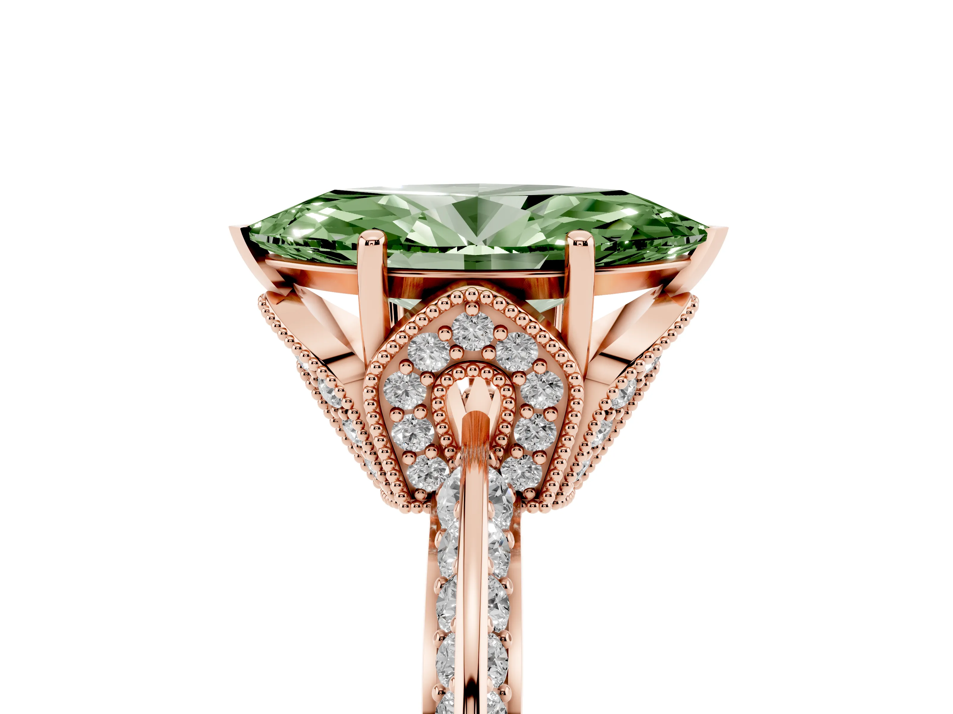 Fancy Green Marquise Cut Diamond Solitaire Engagement Ring Set in Rose gold with Pavé Split Shank and Prong Setting