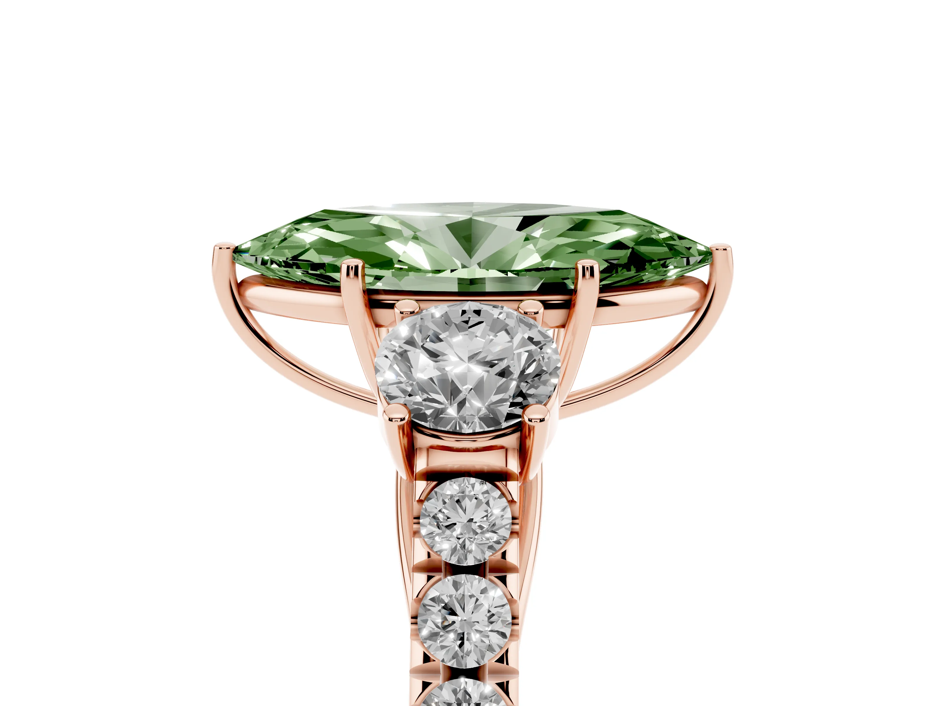 Fancy Green Marquise Cut Diamond Three-Stone Ring Set in Rose gold with Round Side Stones and Delicate Pavé Band