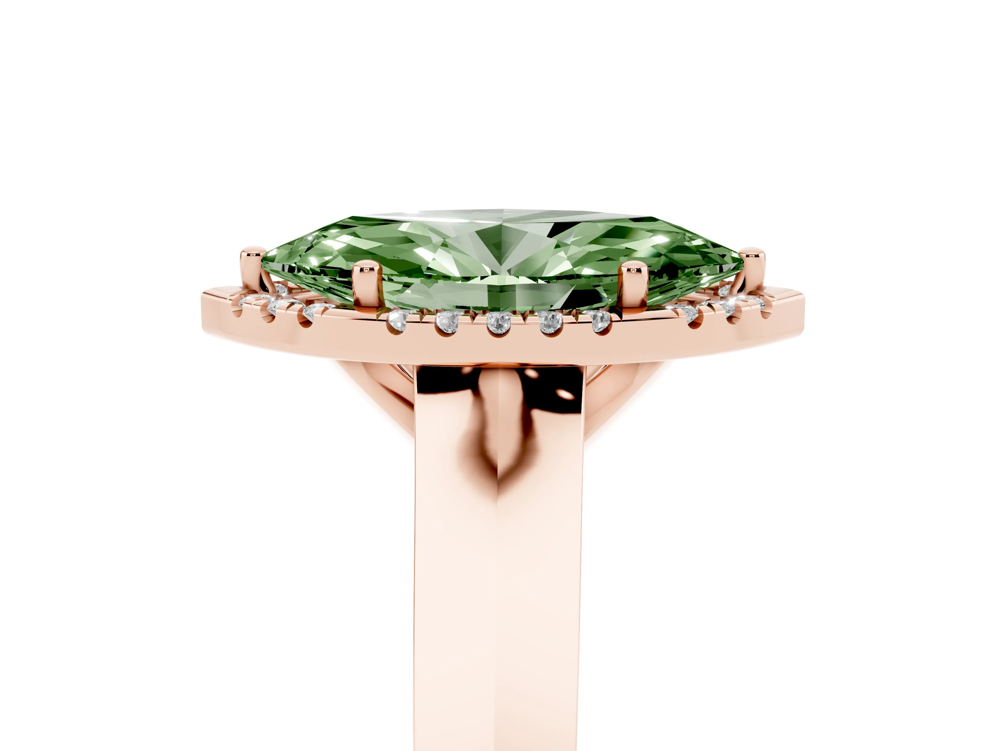 Fancy Green Marquise Cut Diamond Halo Ring Set in Rose gold with Cathedral Band and Prong Setting