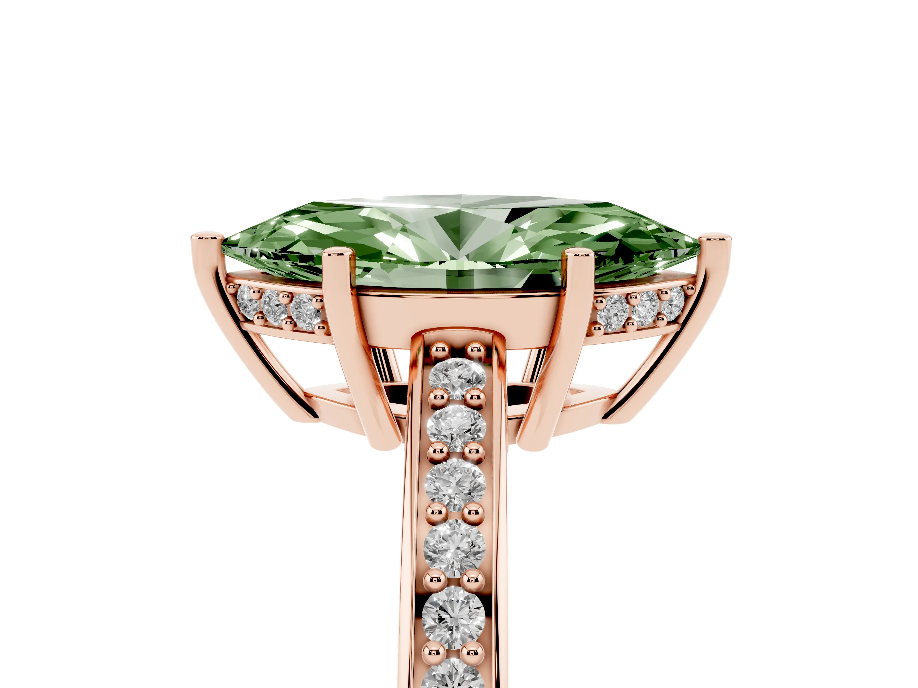 Fancy Green Marquise Cut Diamond Pavé Band Prong Set Solitaire Ring Set in Rose gold