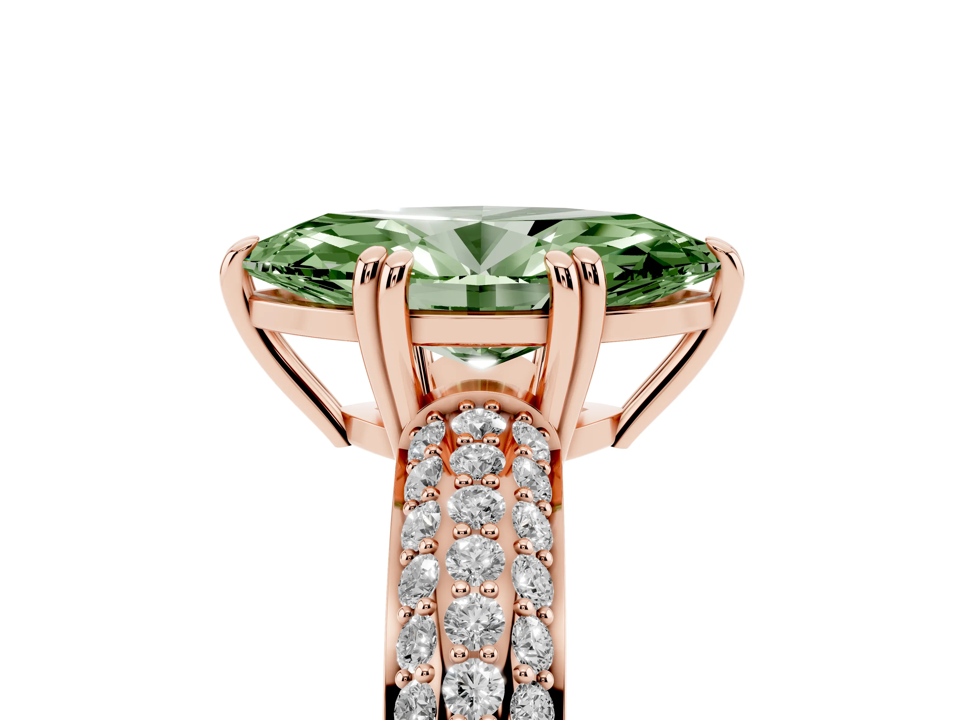 Fancy Green Marquise Cut Diamond Solitaire Ring Set in Rose gold with Multi-Row Round Pavé Band and Prong Setting