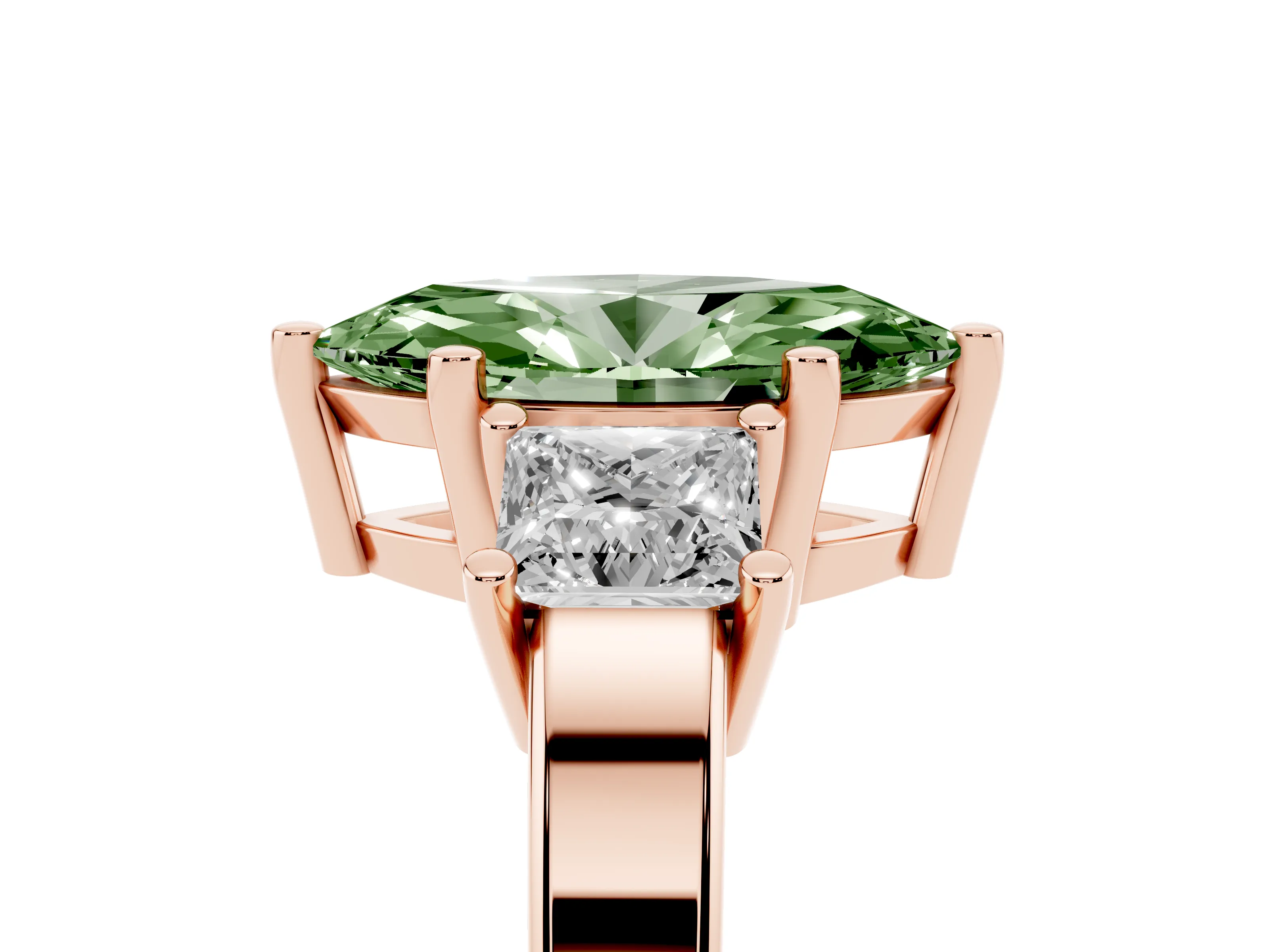 Fancy Green Three-Stone Marquise Cut Diamond Solitaire Ring Set in Rose gold with Prong Setting