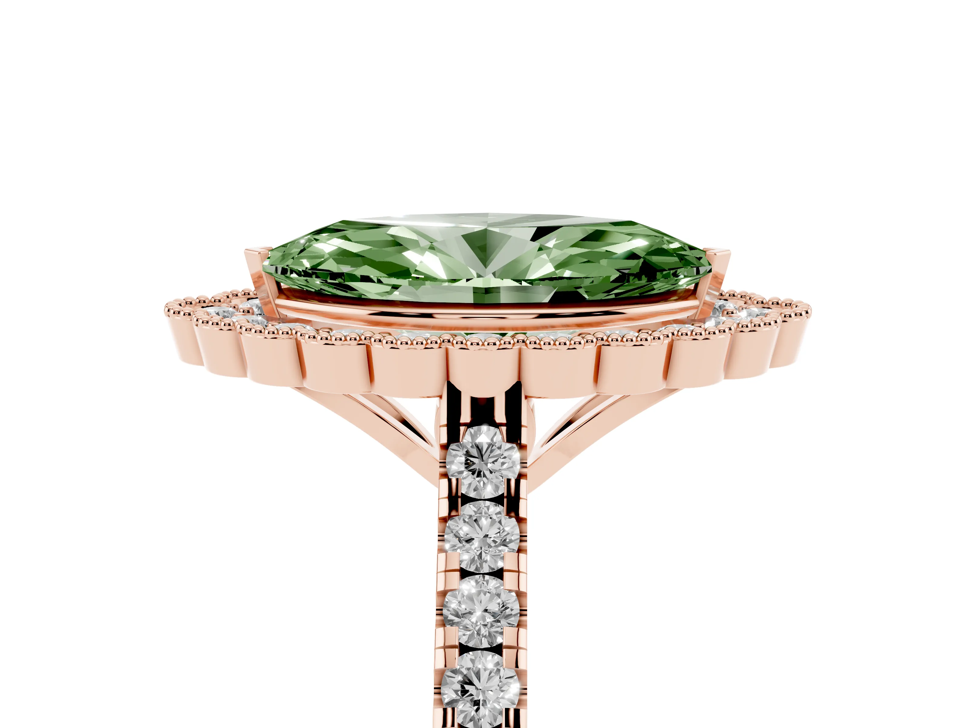 Fancy Green Marquise Cut Diamond Milgrain Floral Halo Engagement Ring Set in Rose gold with Pavé Band
