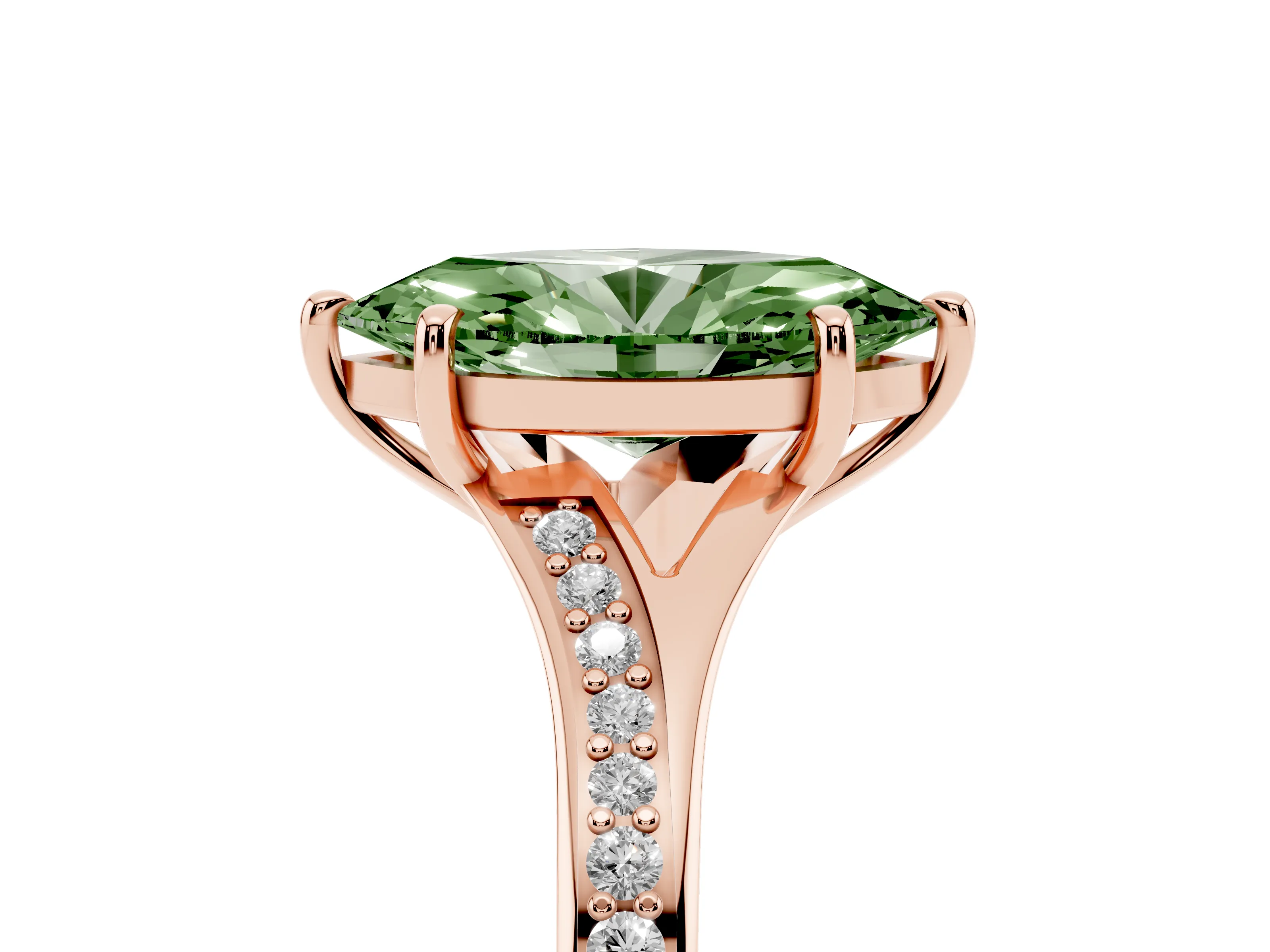 Fancy Green Marquise Cut Diamond Solitaire Ring Set in Rose gold with Pavé Accent Band and Classic Prong Setting