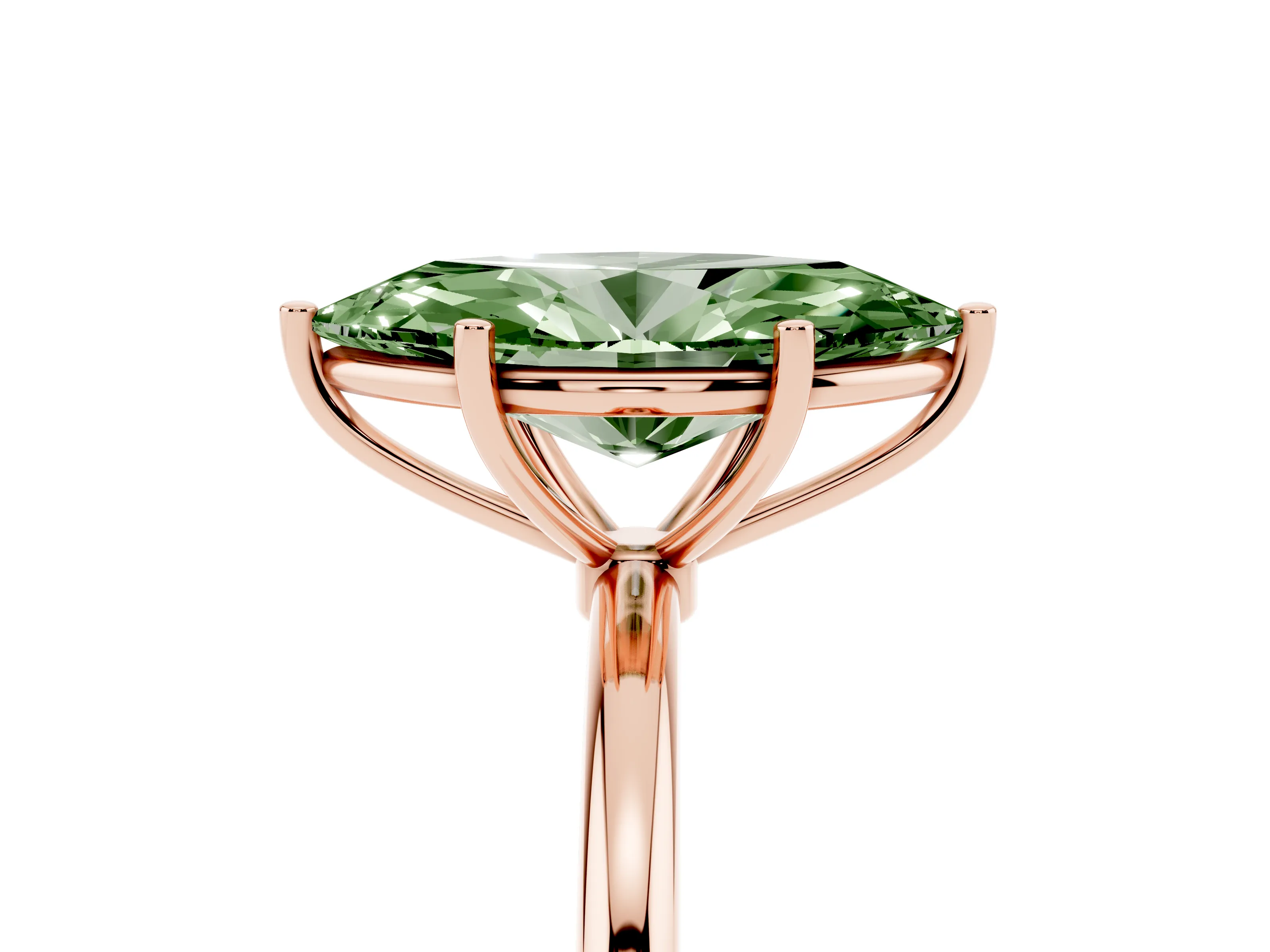 Fancy Green Marquise Cut Diamond Solitaire Engagement Ring Set in Rose gold with Thin Band and Prong Setting
