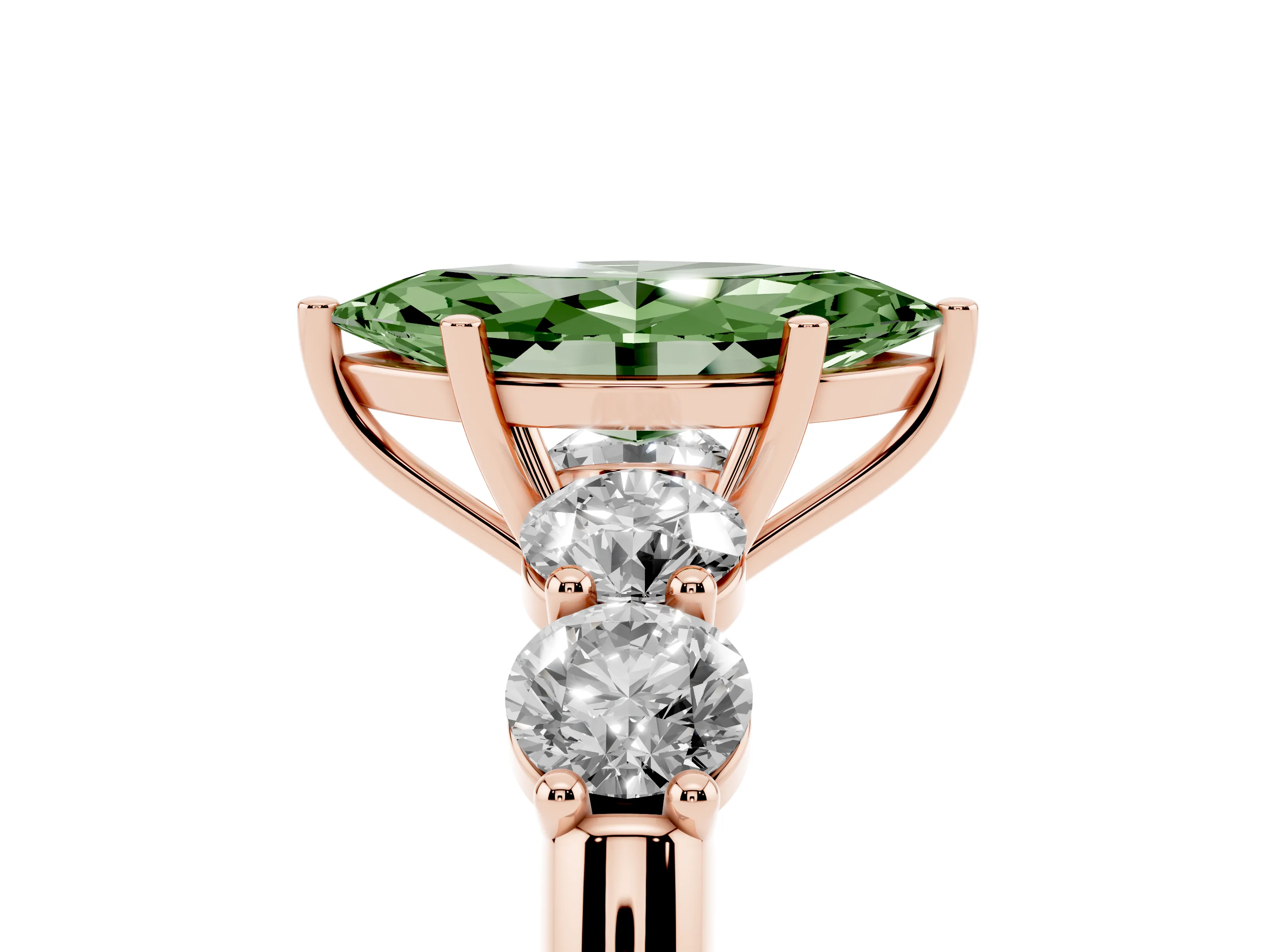Fancy Green Marquise Cut Diamond Five-Stone Prong Set Ring Set in Rose gold with Classic Band