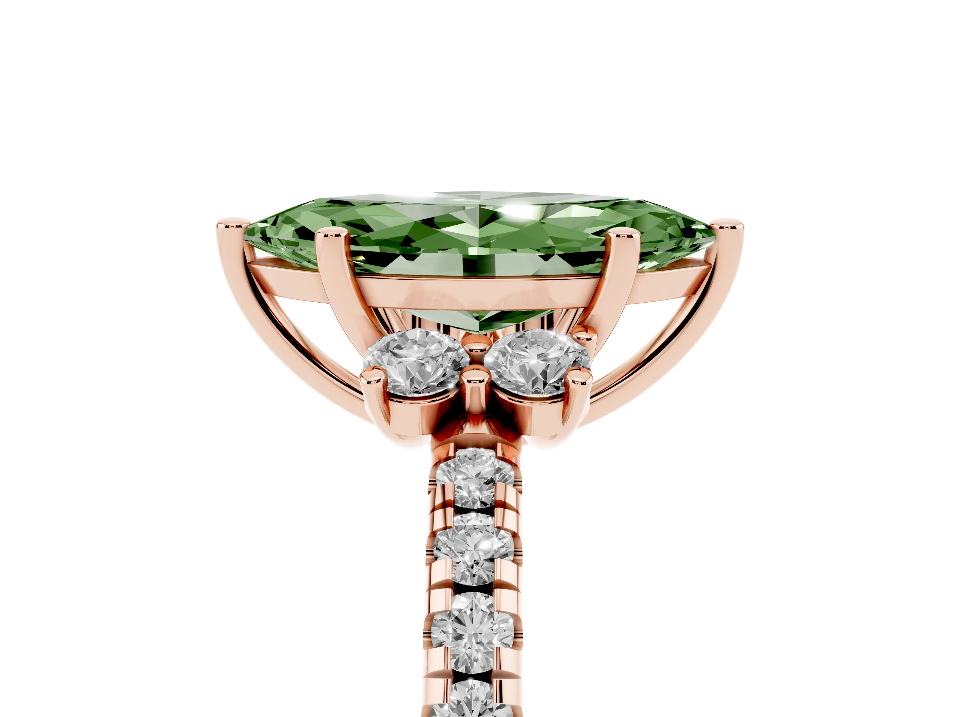 Fancy Green Marquise Cut Diamond Three-Stone Pavé Ring Set in Rose gold with Prong Setting