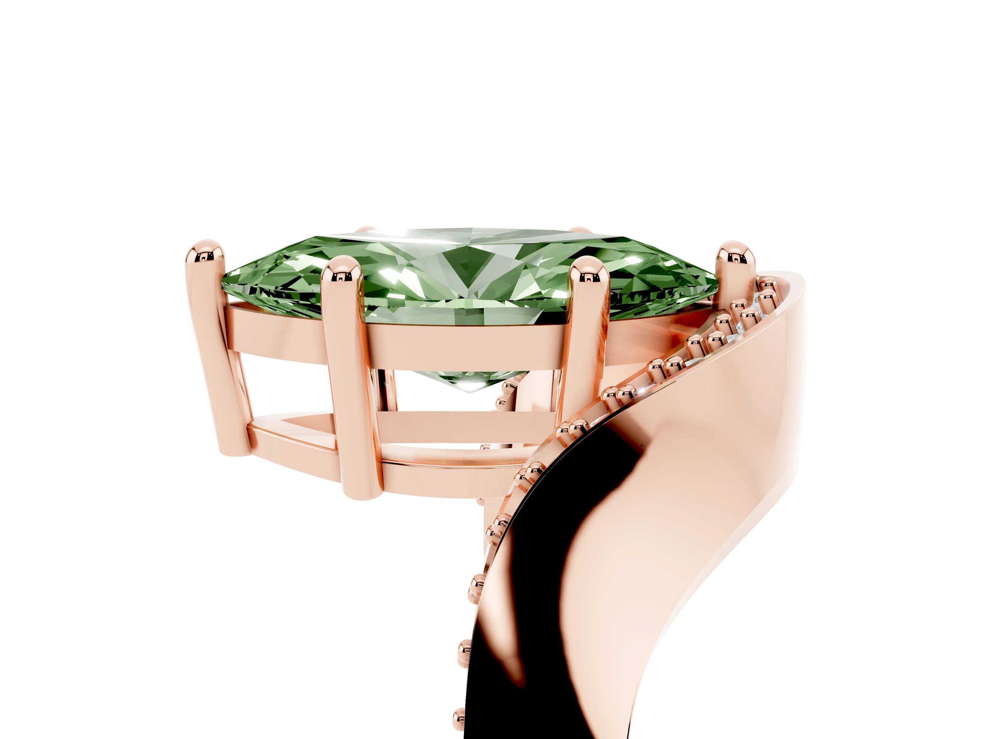 Fancy Green Marquise Cut Diamond Solitaire Engagement Ring Set in Rose gold with Pavé Shoulders