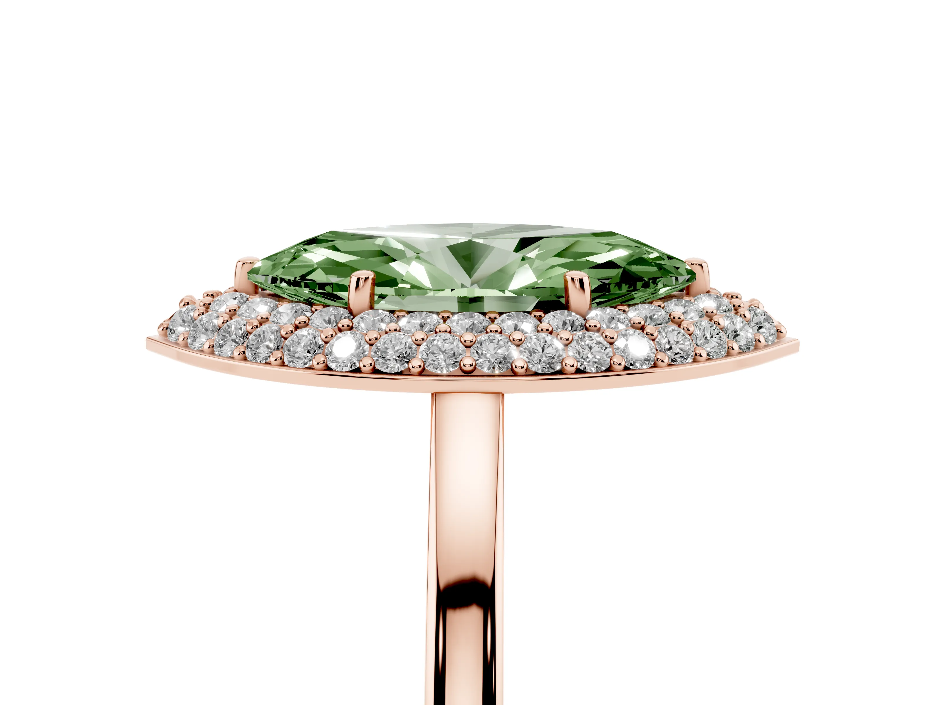 Fancy Green Marquise Cut Diamond Halo Engagement Ring Set in Rose gold with Solitaire Band and Prong Setting