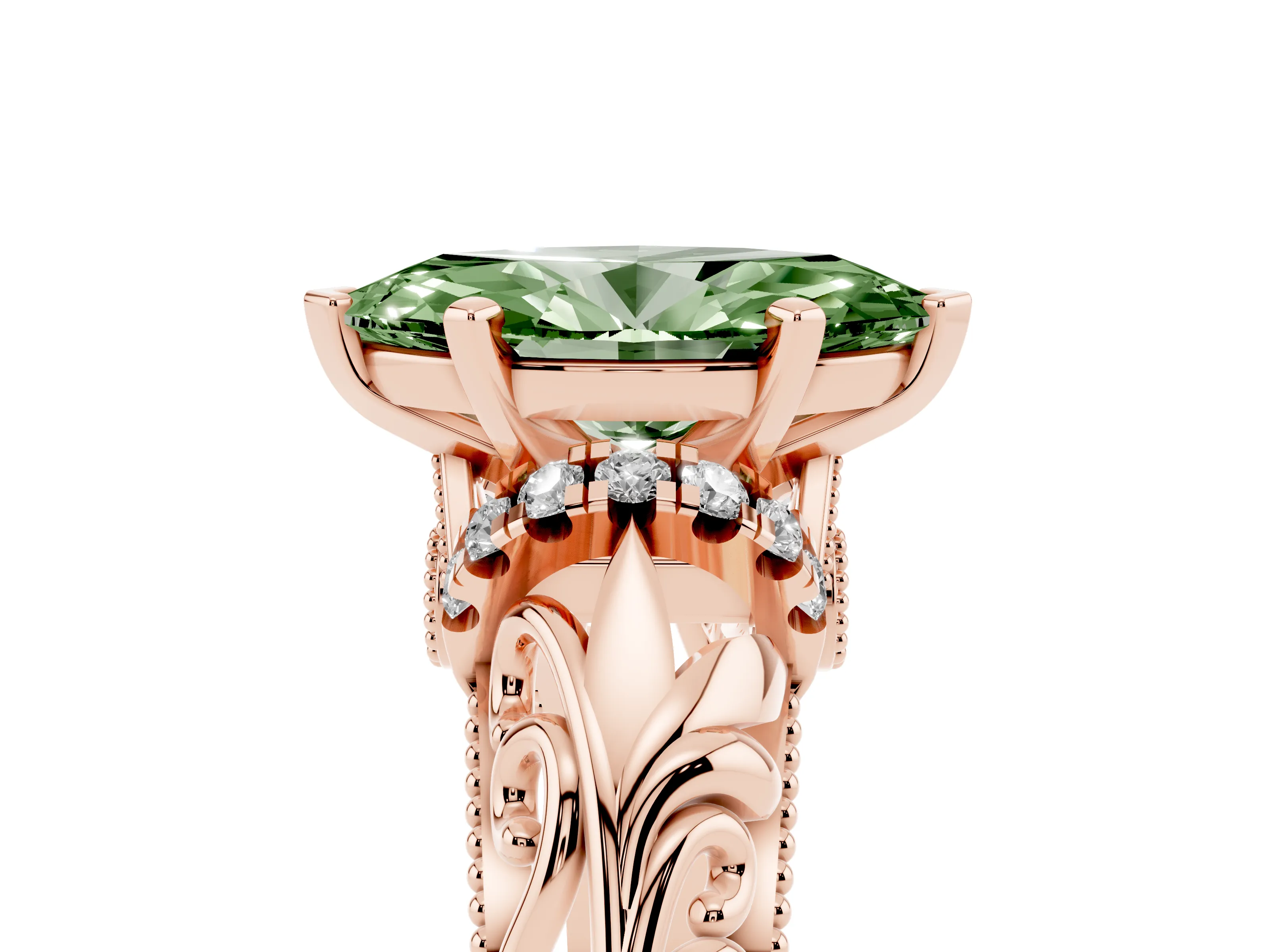 Fancy Green Marquise Cut Diamond Filigree Halo Engagement Ring Set in Rose gold with Prong Setting
