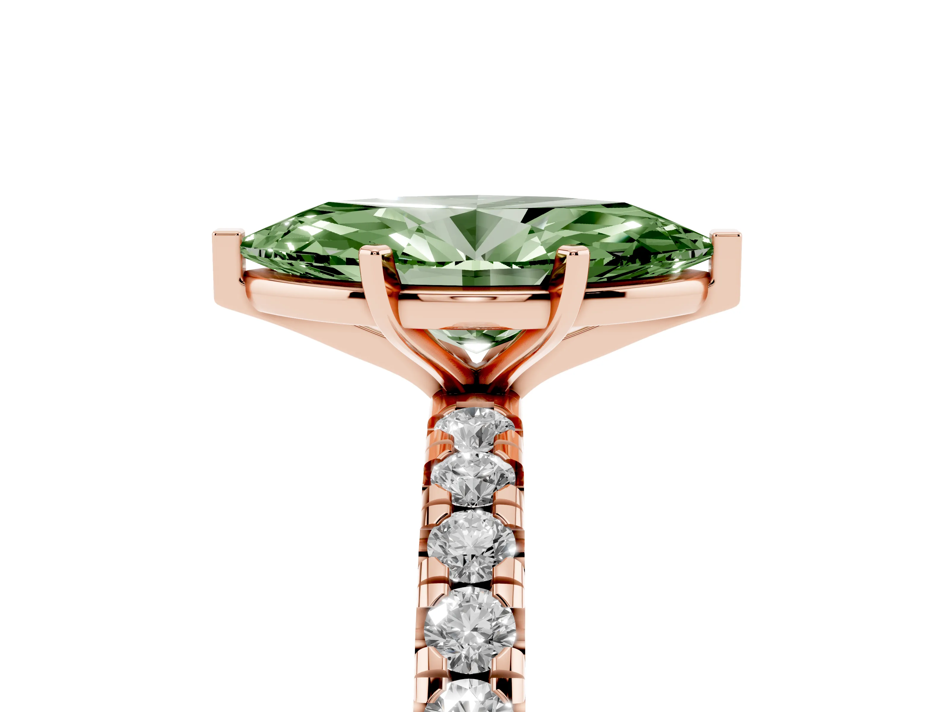 Fancy Green Marquise Cut Diamond Pavé Solitaire Ring Set in Rose gold with Round Band and Prong Setting