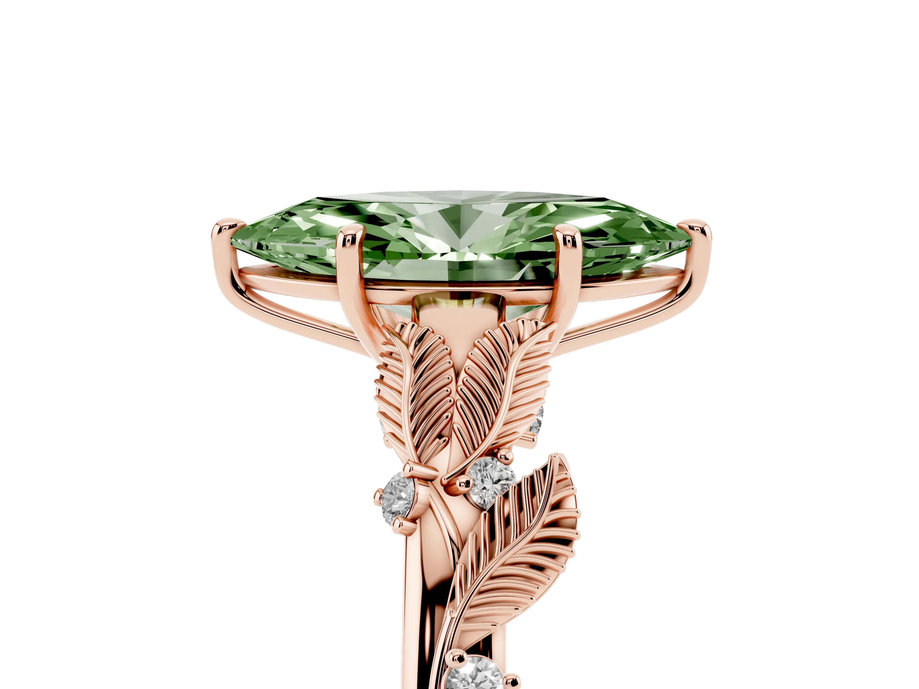 Fancy Green Marquise Cut Diamond Solitaire Ring Set in Rose gold with Leaf Motif Band