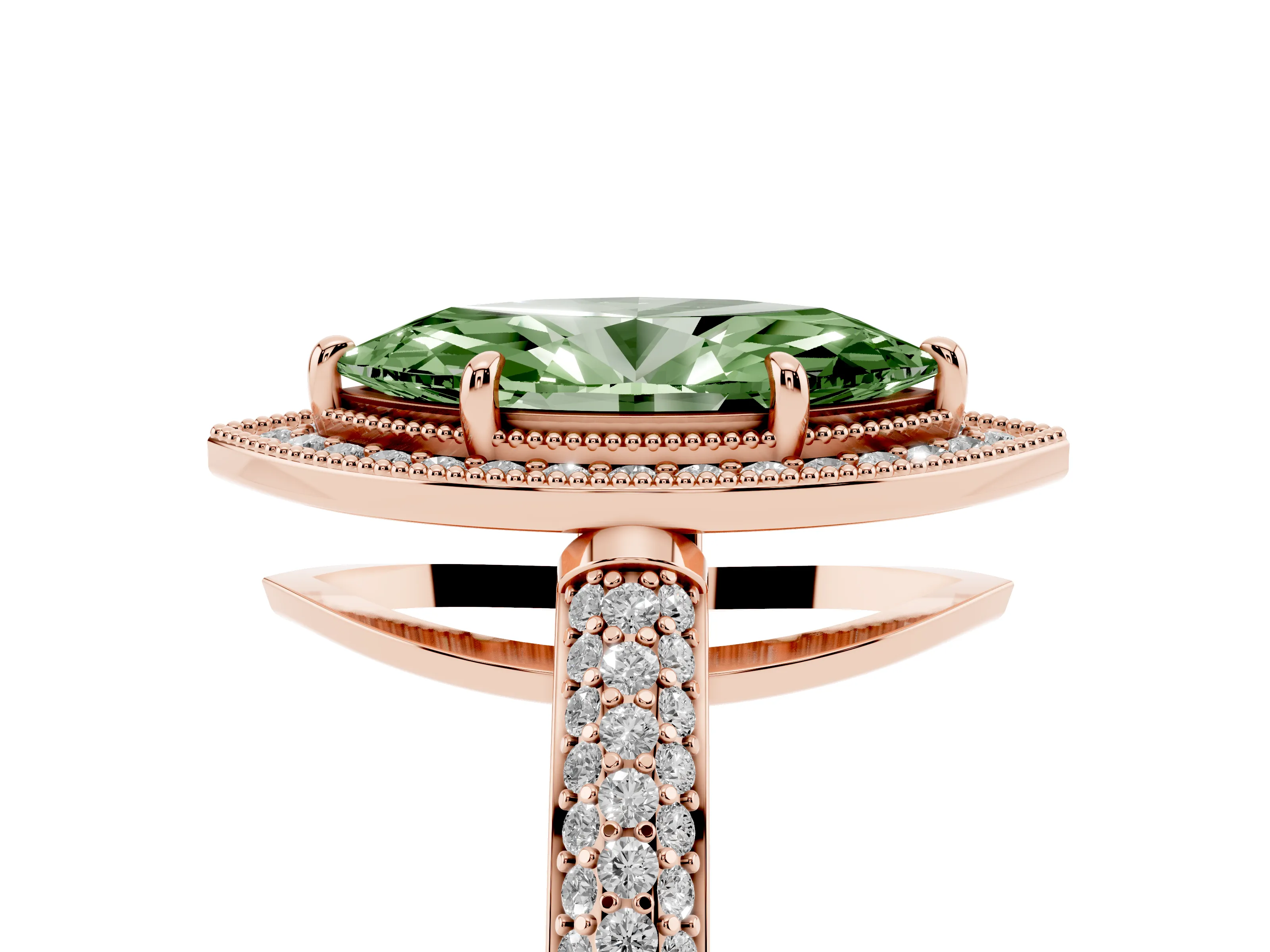 Fancy Green Marquise Cut Diamond Halo Pavé Band Set in Rose gold with Prong Setting