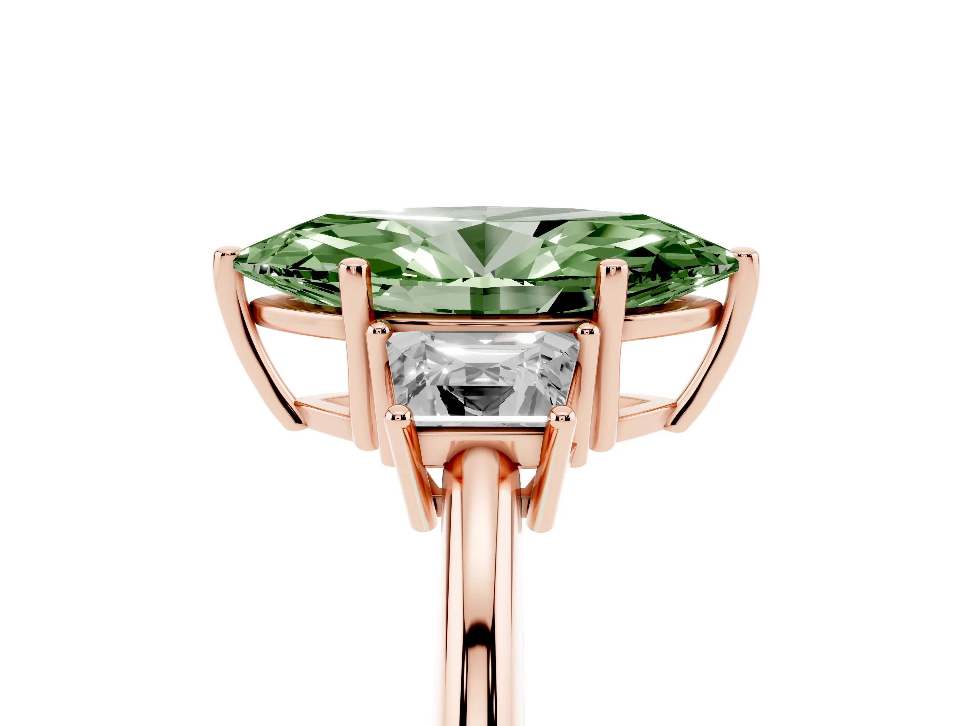 Fancy Green Marquise Cut Diamond Three-Stone Ring Set in Rose gold with Trapezoid Side Stones and Prong Setting
