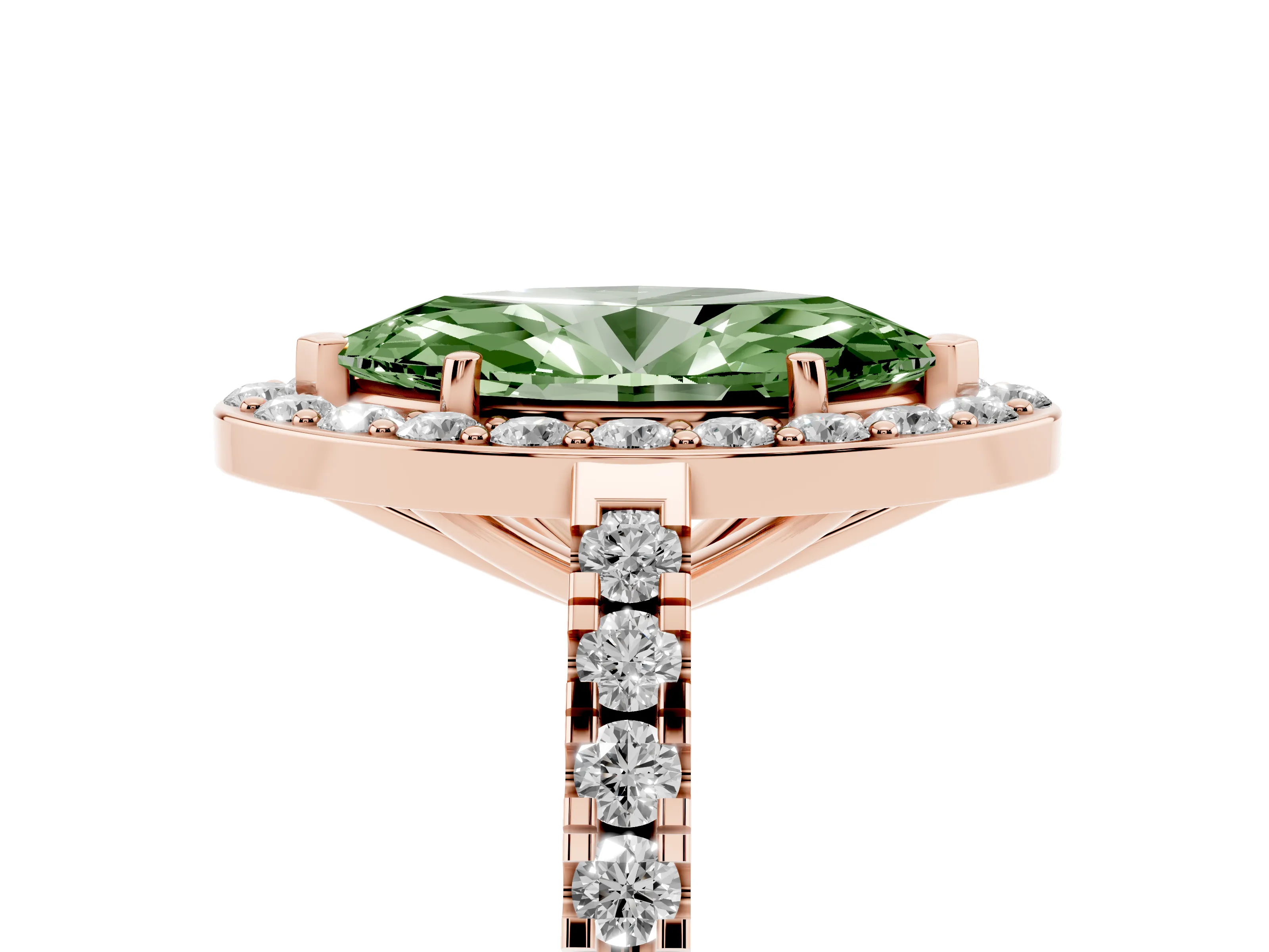Fancy Green Marquise Cut Diamond Halo Ring Set in Rose gold with Round Pavé Split Shank and Prong Setting