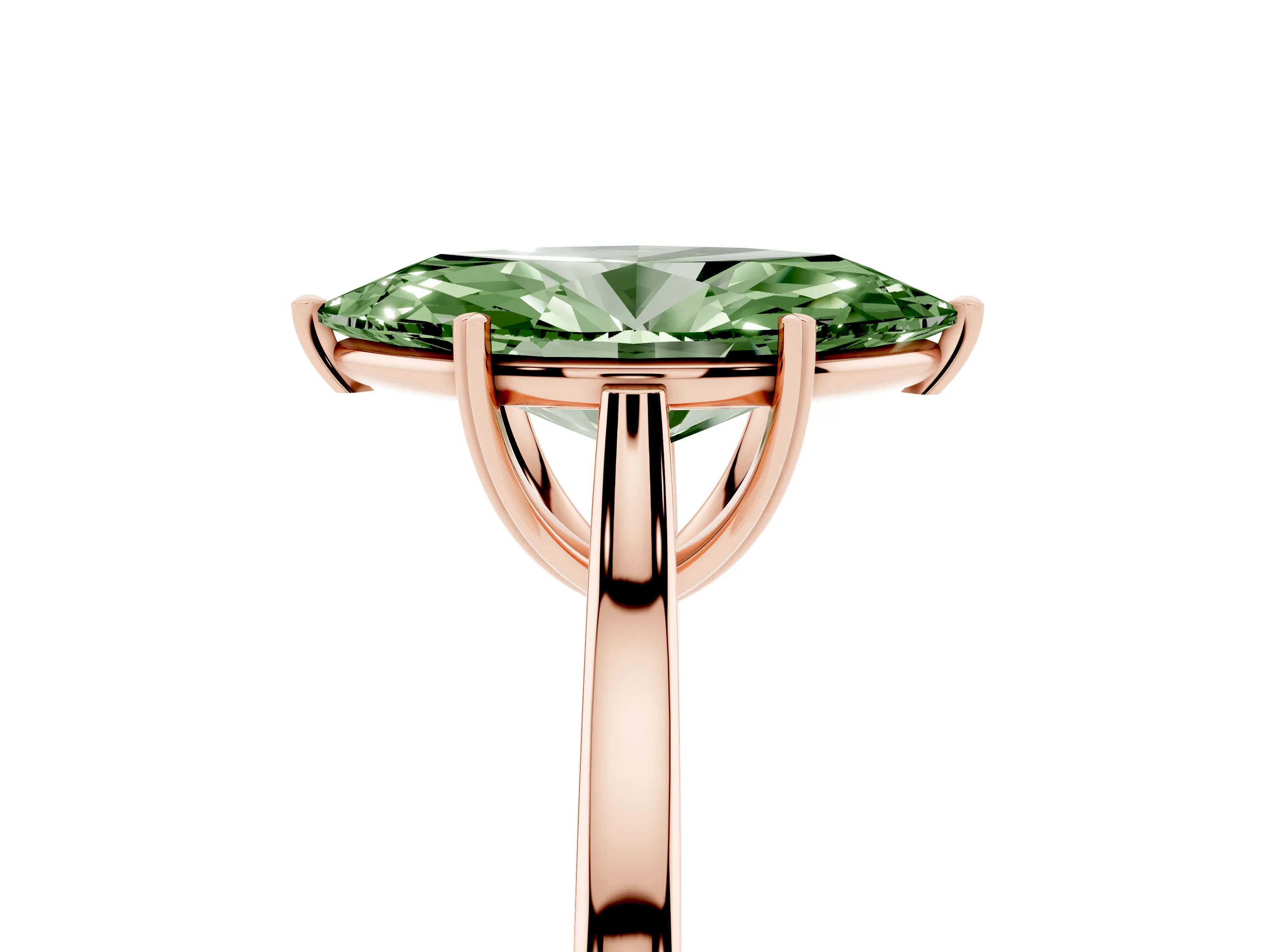 Fancy Green Marquise Cut Diamond Solitaire Heart Prong Engagement Ring Set in Rose gold with Tapered Band