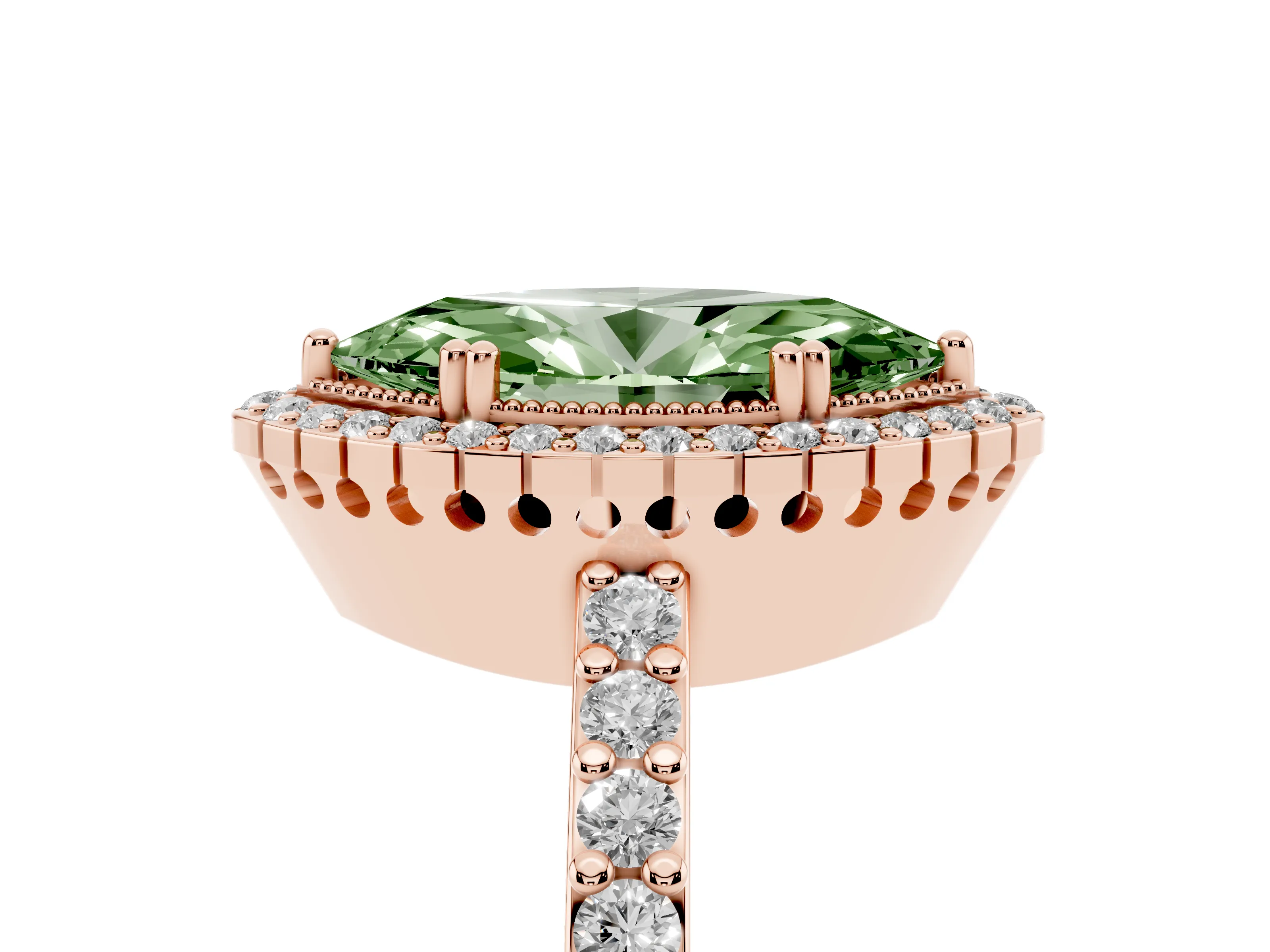 Fancy Green Marquise Cut Diamond Halo Engagement Ring Set in Rose gold with Milgrain Detail and Pavé Band