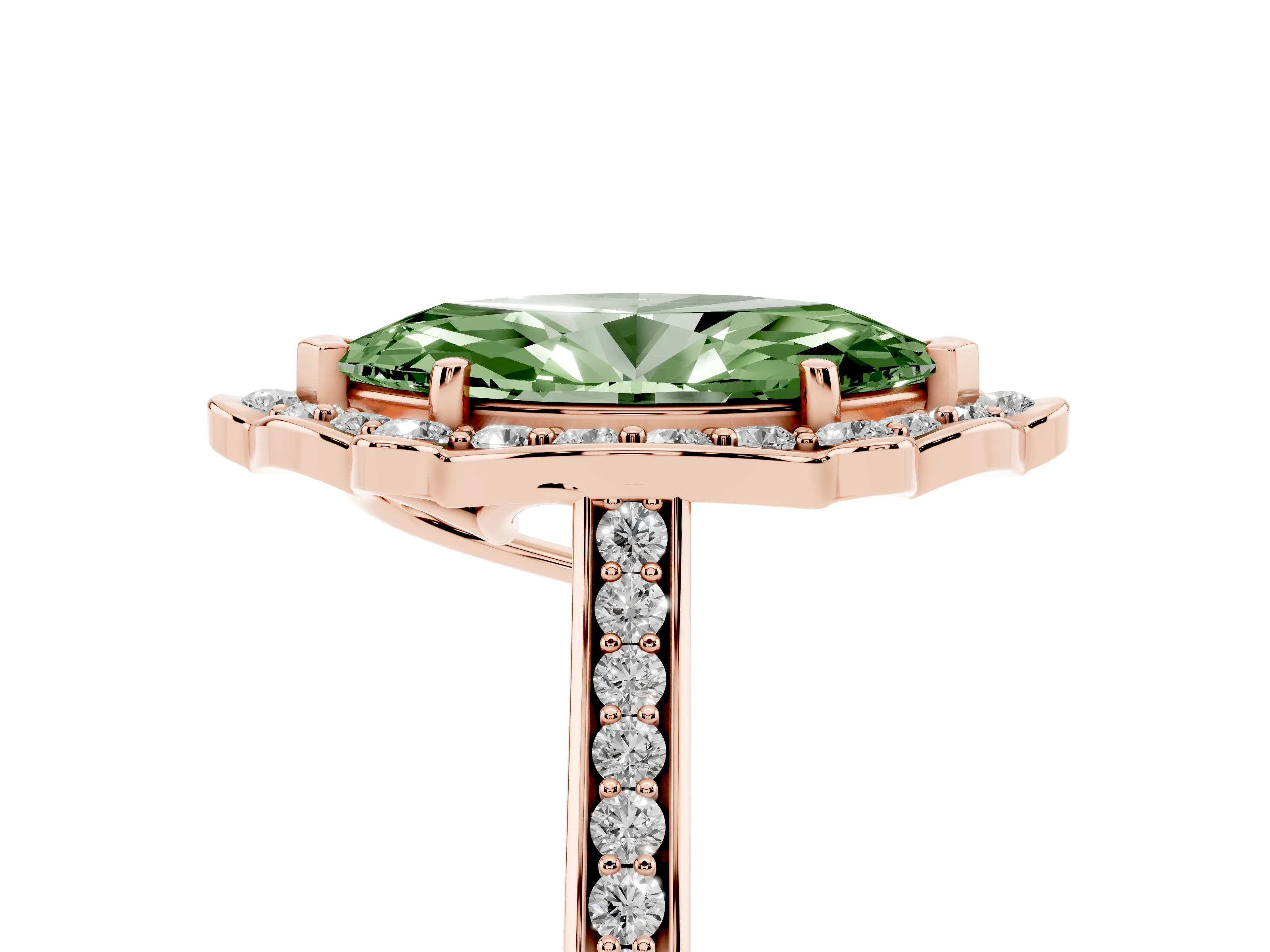 Fancy Green Marquise Cut Diamond Halo Ring Set in Rose gold with Pavé-Lined Shoulders and Prong Setting