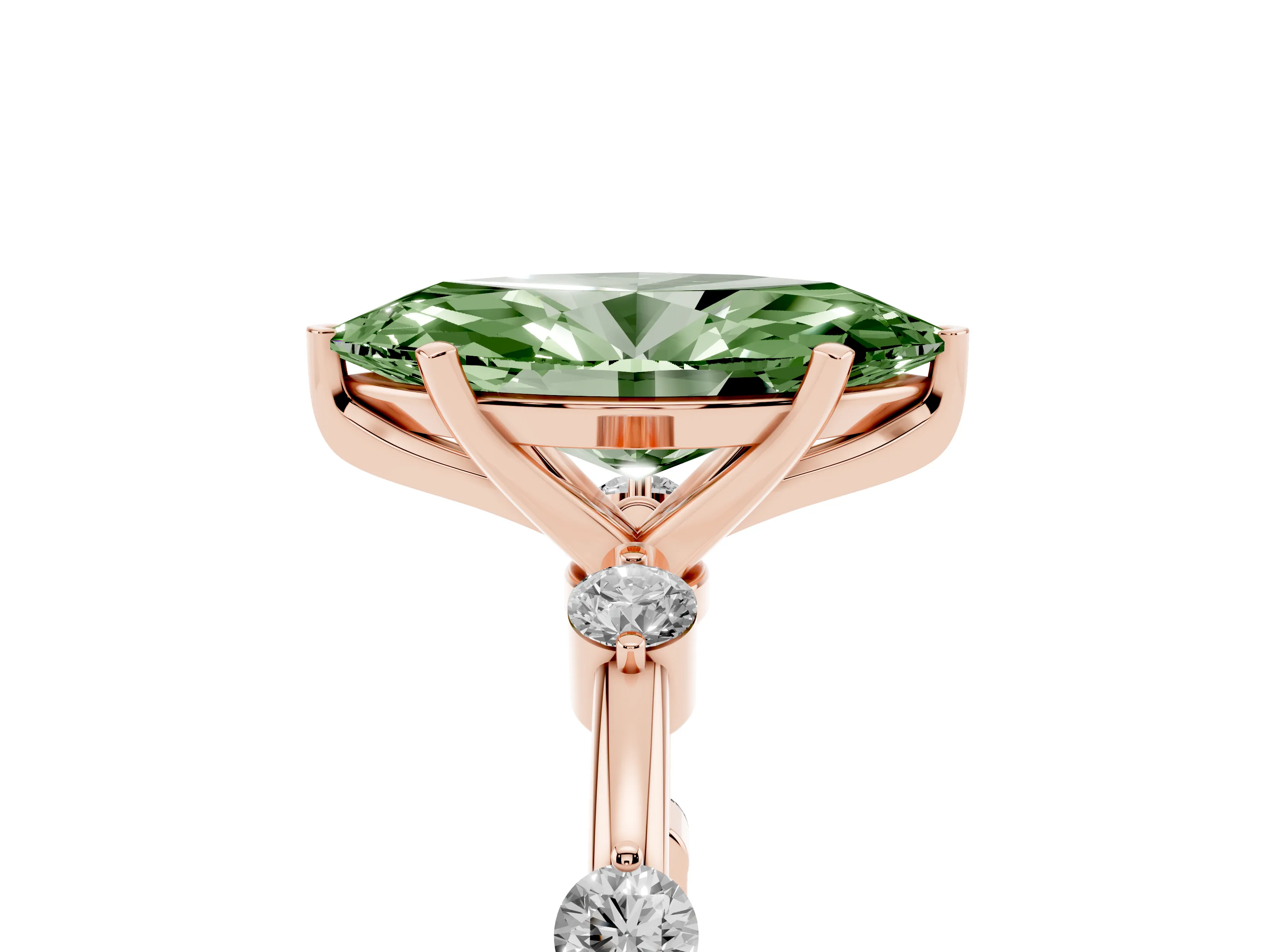 Fancy Green Marquise Cut Diamond Solitaire Ring Set in Rose gold with Bezel Set Side Stones and Prong Setting