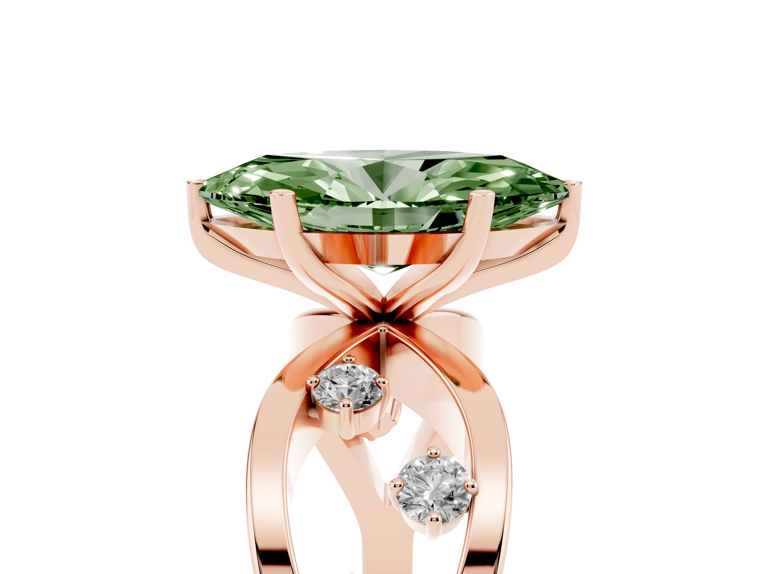 Fancy Green Marquise Cut Diamond Solitaire Ring Set in Rose gold with Side Stones on Criss-Cross Band and Prong Setting