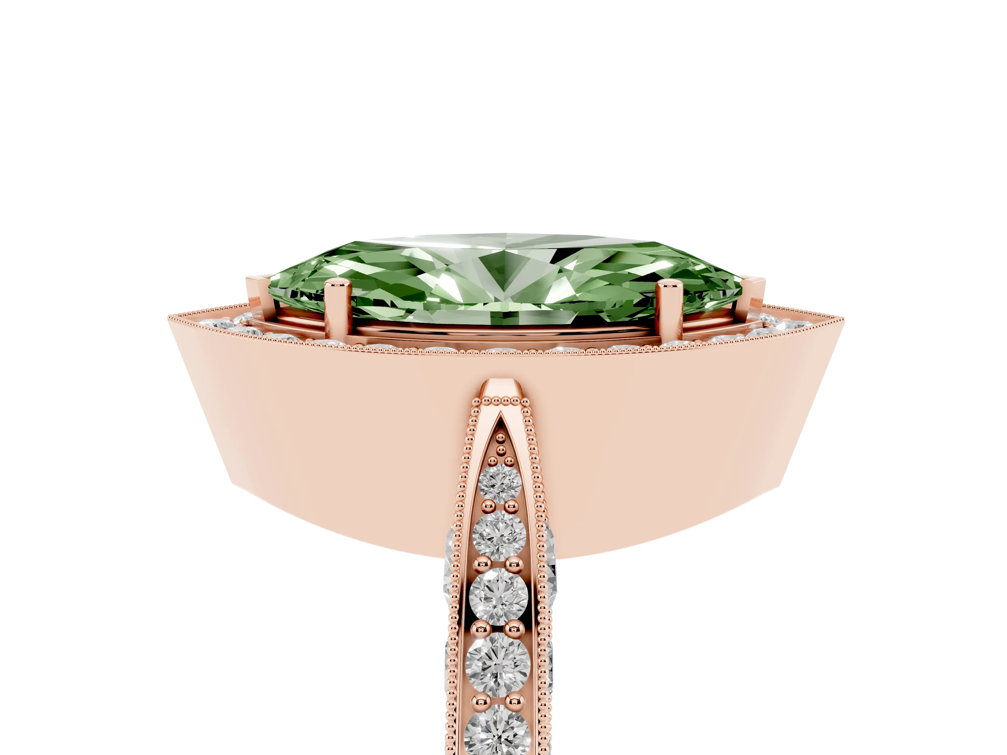 Fancy Green Marquise Cut Diamond Halo Engagement Ring Set in Rose gold with Accent Split Shank Band