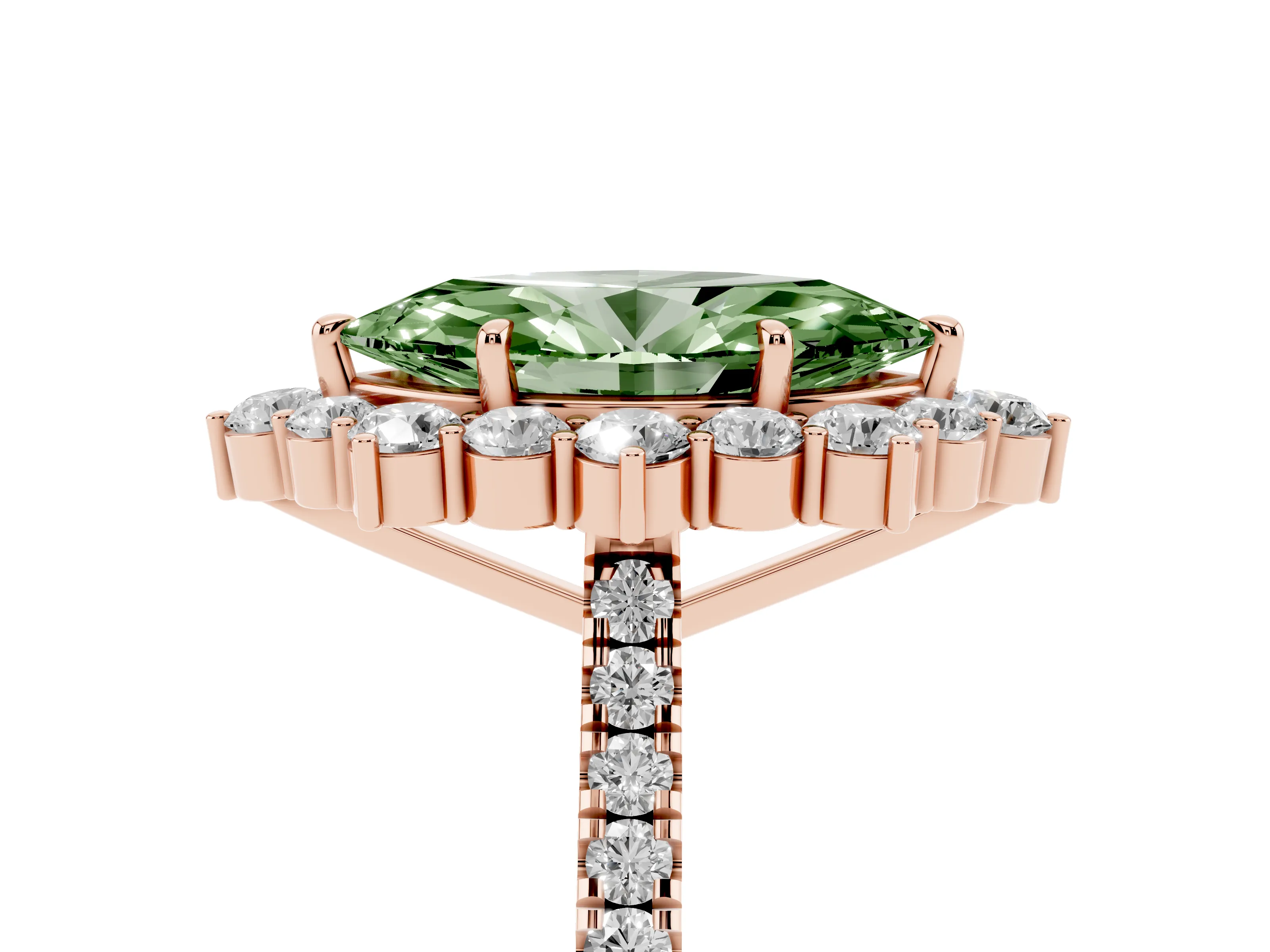 Fancy Green Marquise Cut Diamond Halo Ring Set in Rose gold with Pavé Band and Prong Setting