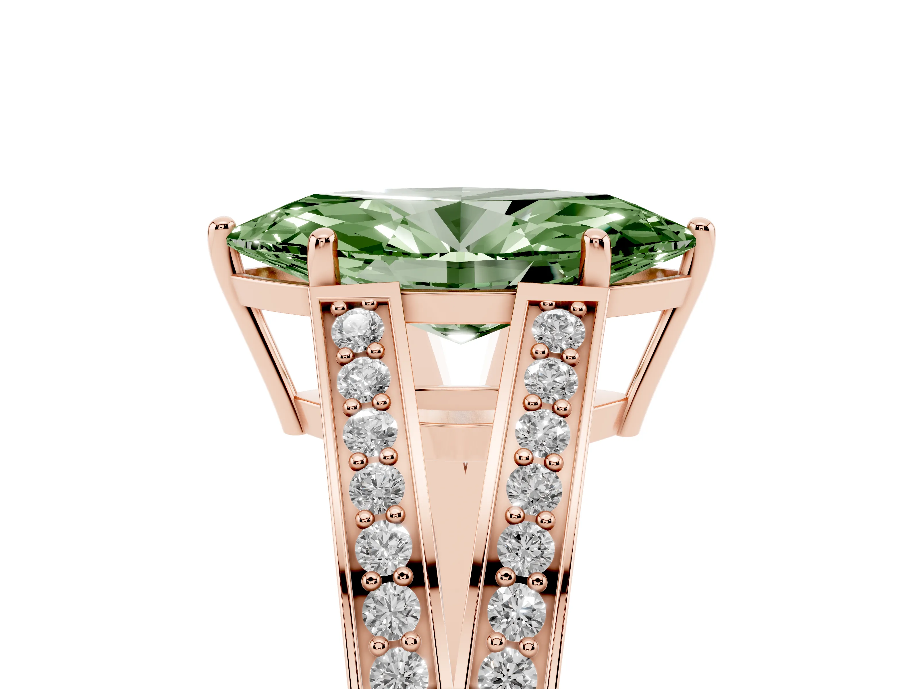 Fancy Green Marquise Cut Diamond Split Shank Ring Set in Rose gold with Pavé Band and Prong Setting