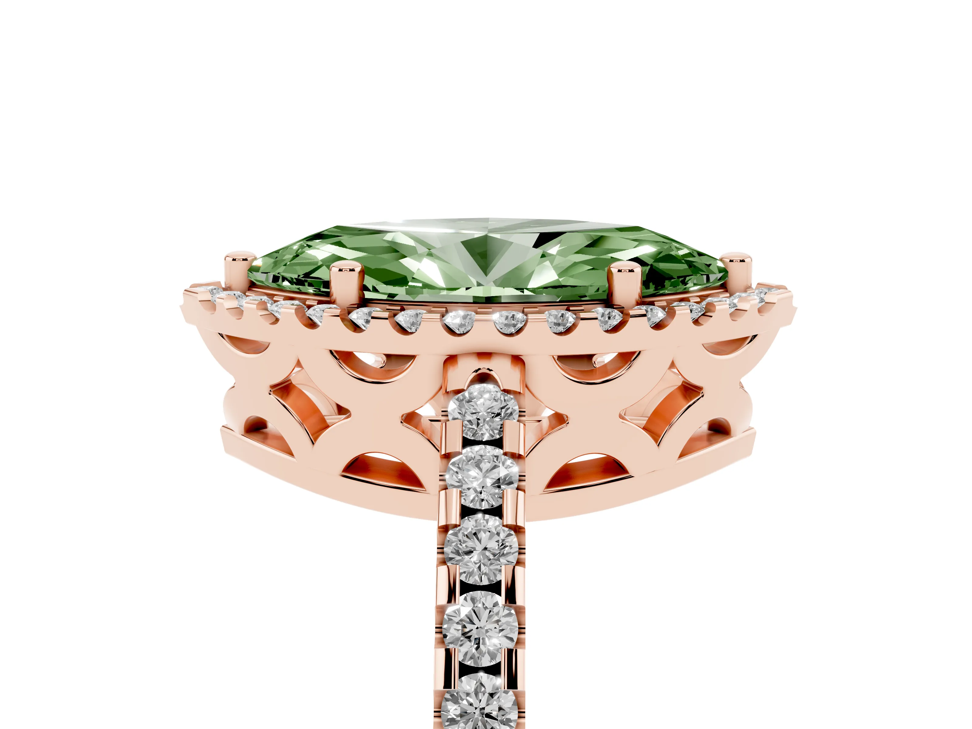 Fancy Green Marquise Cut Diamond Halo Ring Set in Rose gold with Pavé Shoulders and Halo-Framed Center