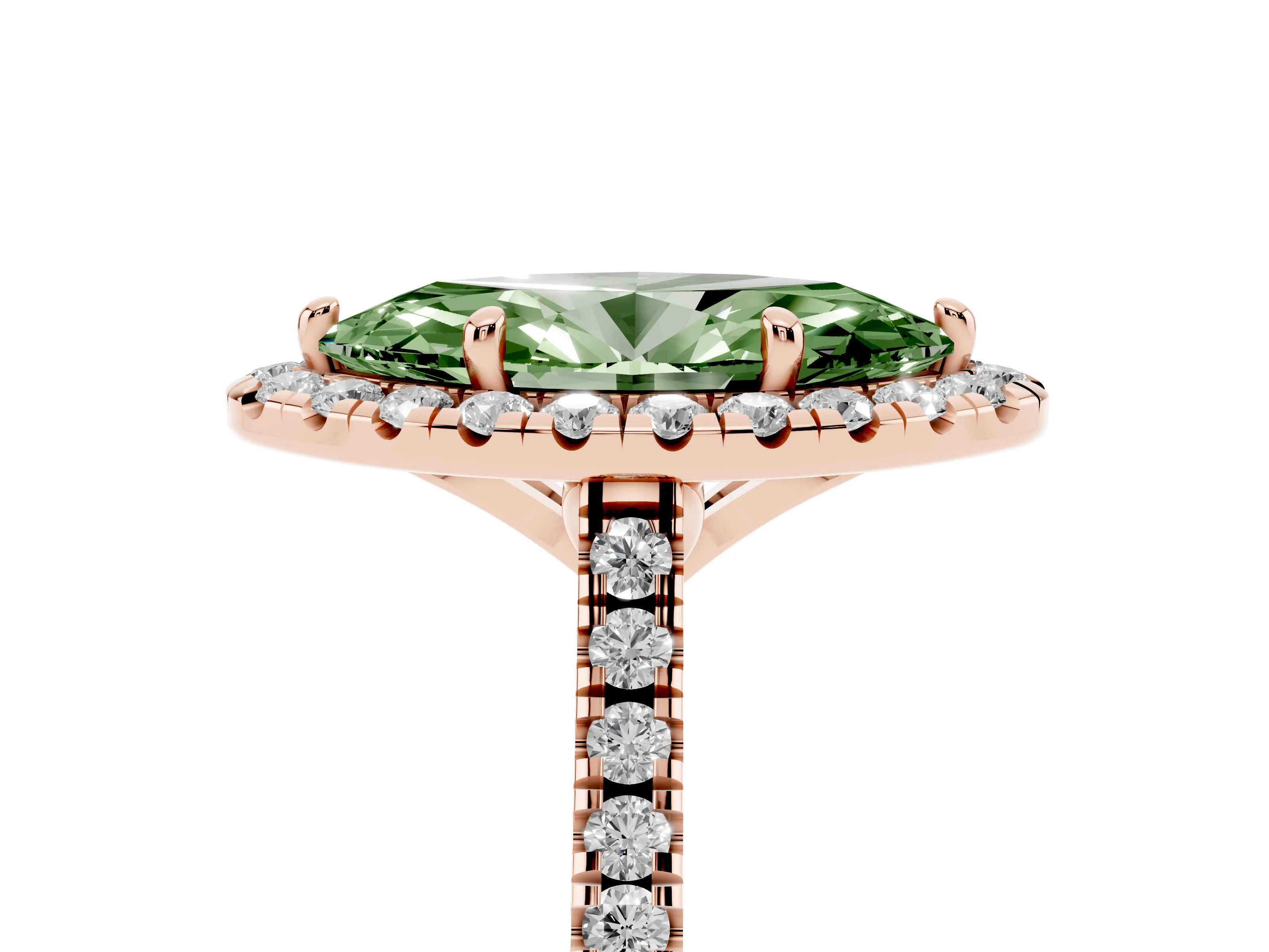 Fancy Green Marquise Cut Diamond Cushion Halo Ring Set in Rose gold with Pavé Band