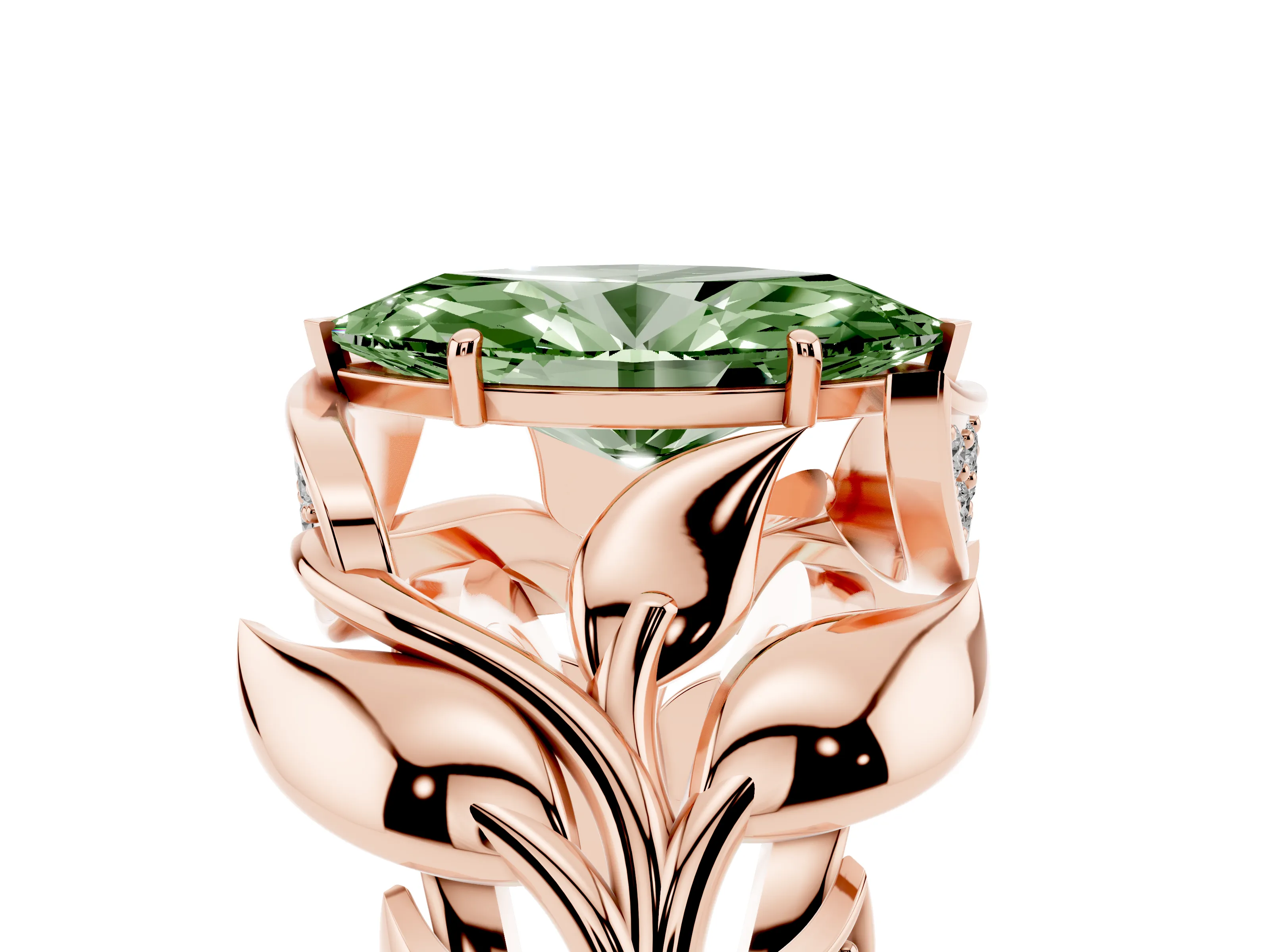 Fancy Green Marquise Cut Diamond Leaf-Inspired Engagement Ring Set in Rose gold with Round Accents