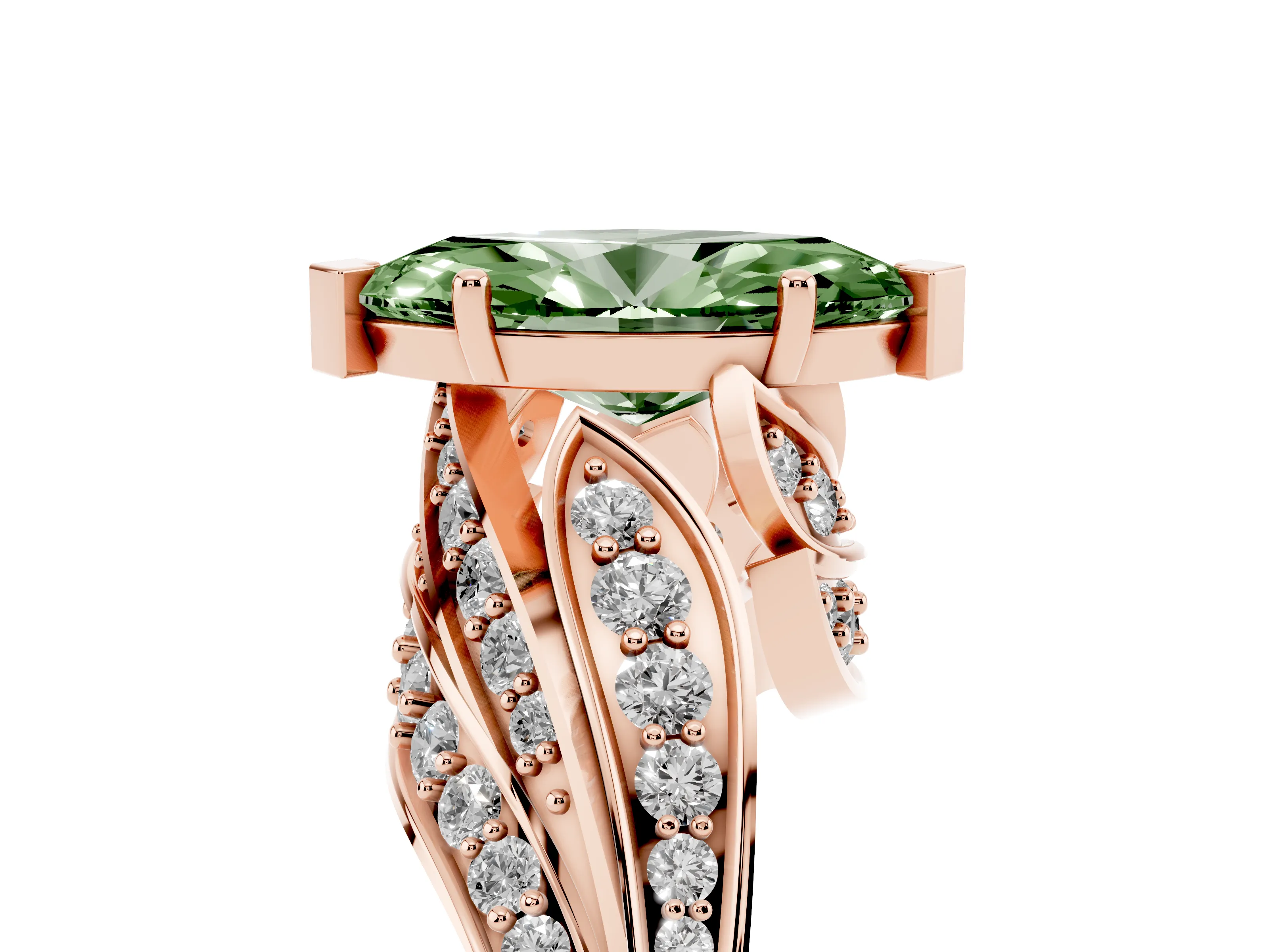 Fancy Green Marquise Cut Diamond Solitaire Ring Set in Rose gold with Layered Twist Pavé Band