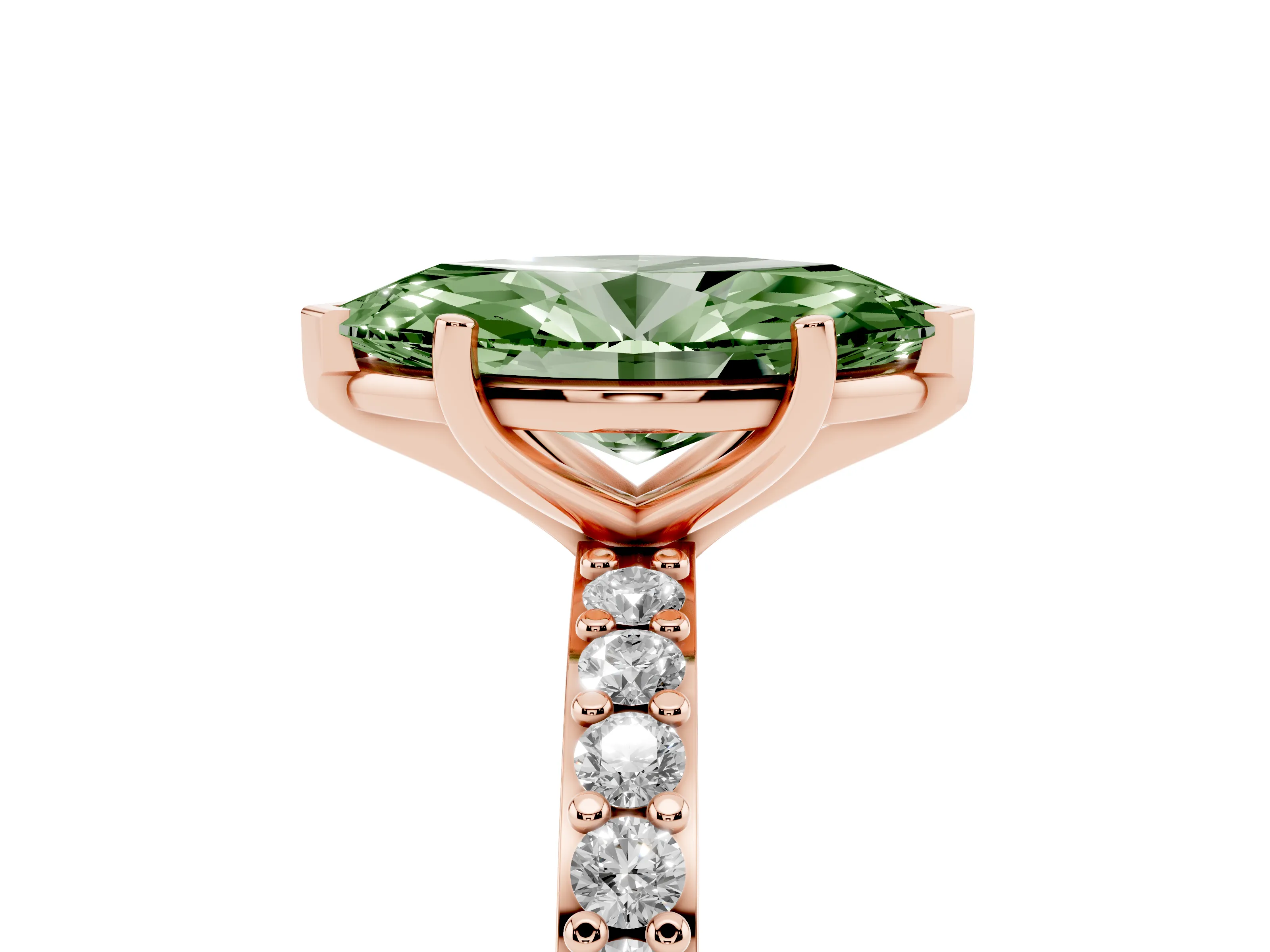 Fancy Green Marquise Cut Diamond Solitaire Set in Rose gold with Round Pavé Band and Prong Setting