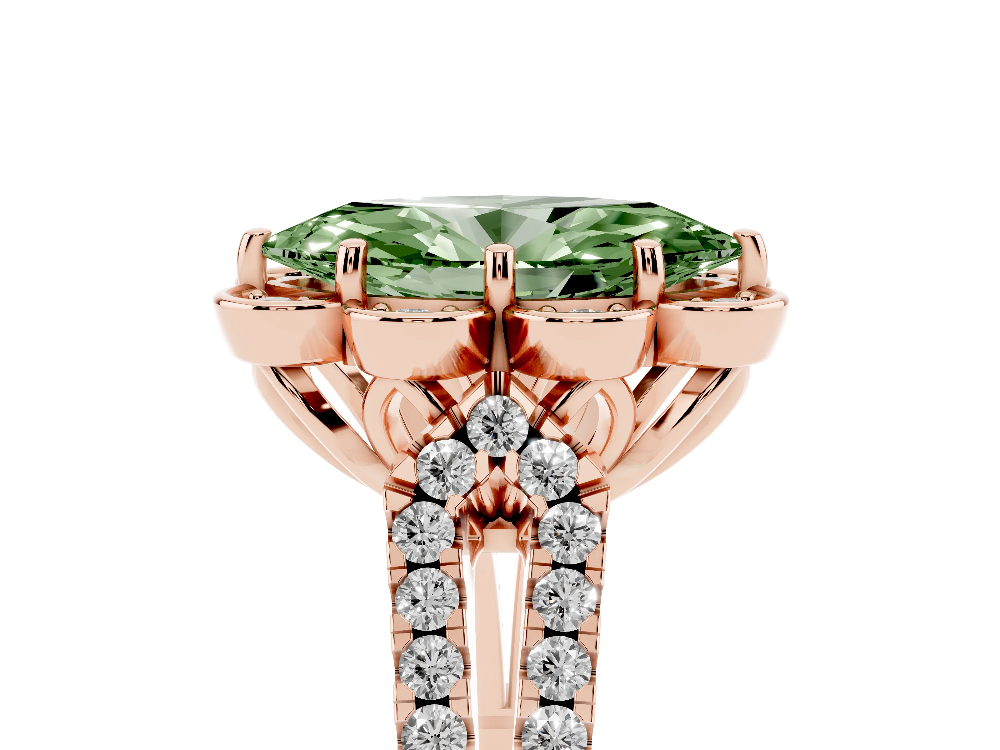 Fancy Green Marquise Cut Diamond Floral Halo Split Shank Engagement Ring Set in Rose gold with Pavé Shank