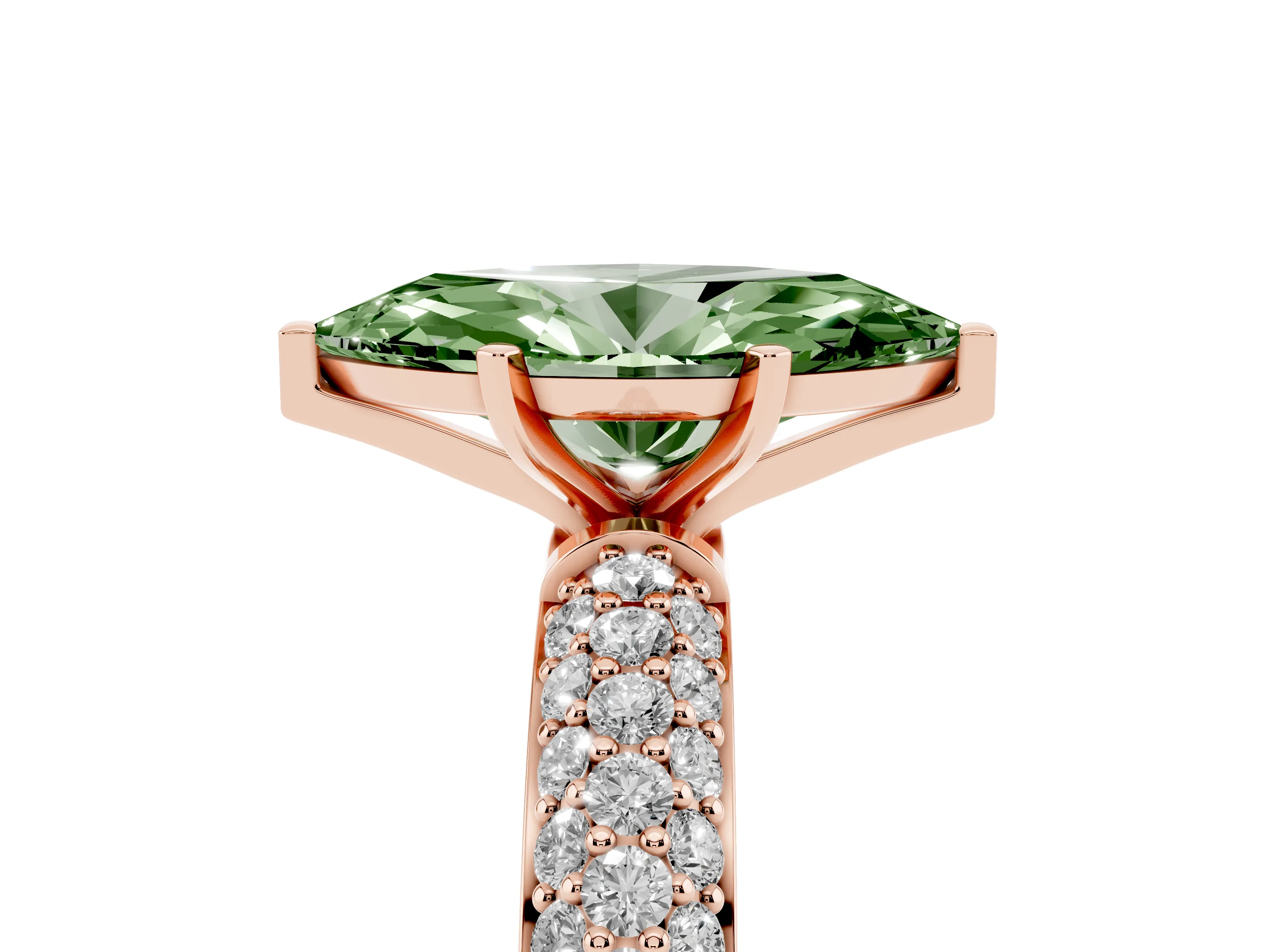 Fancy Green Marquise Cut Diamond Solitaire Ring Set in Rose gold with Prong Setting and Pavé-Set Band