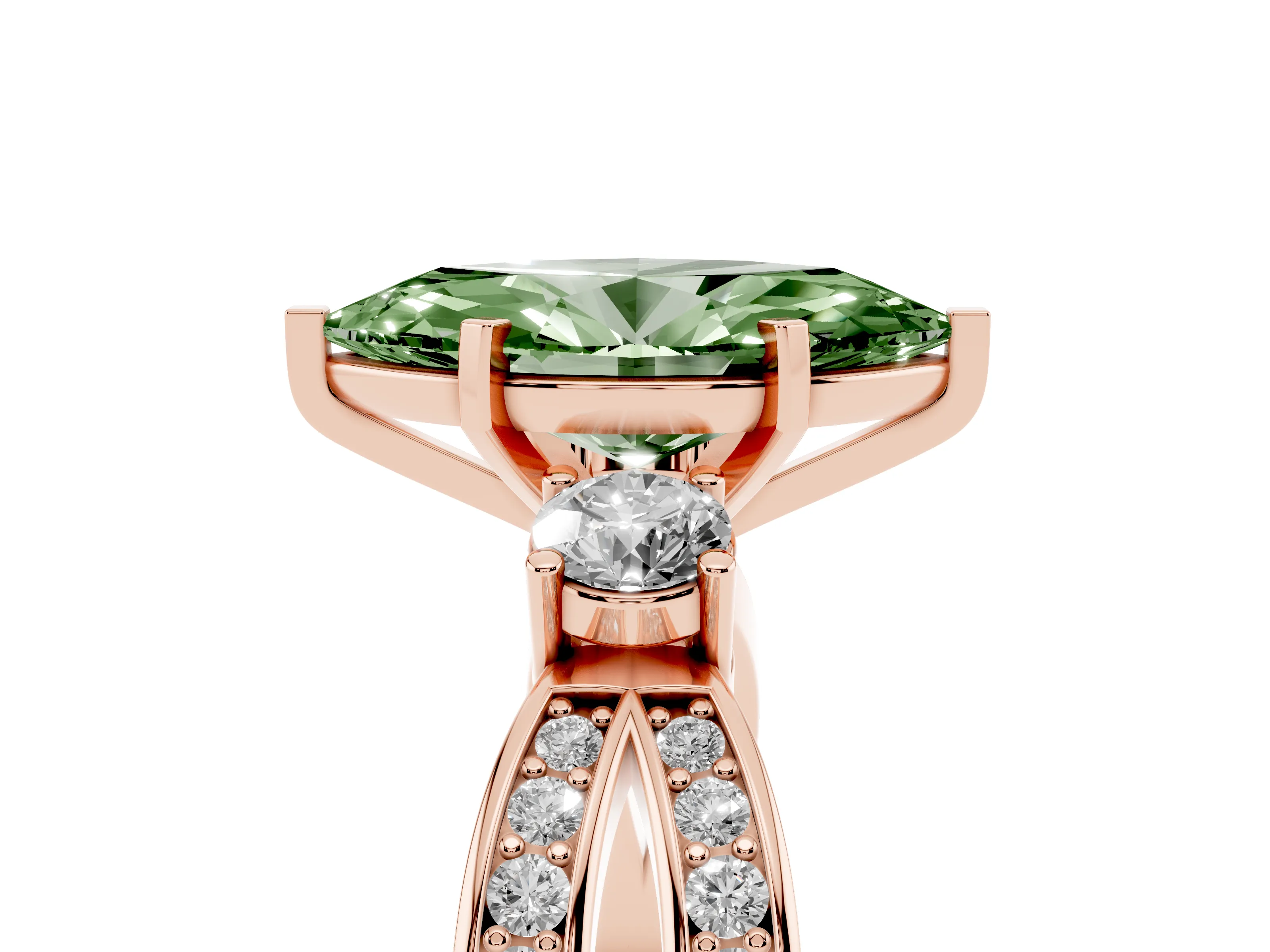 Fancy Green Three-Stone Marquise Cut Diamond Twist Band Ring Set in Rose gold with Pavé Accents and Prong Setting