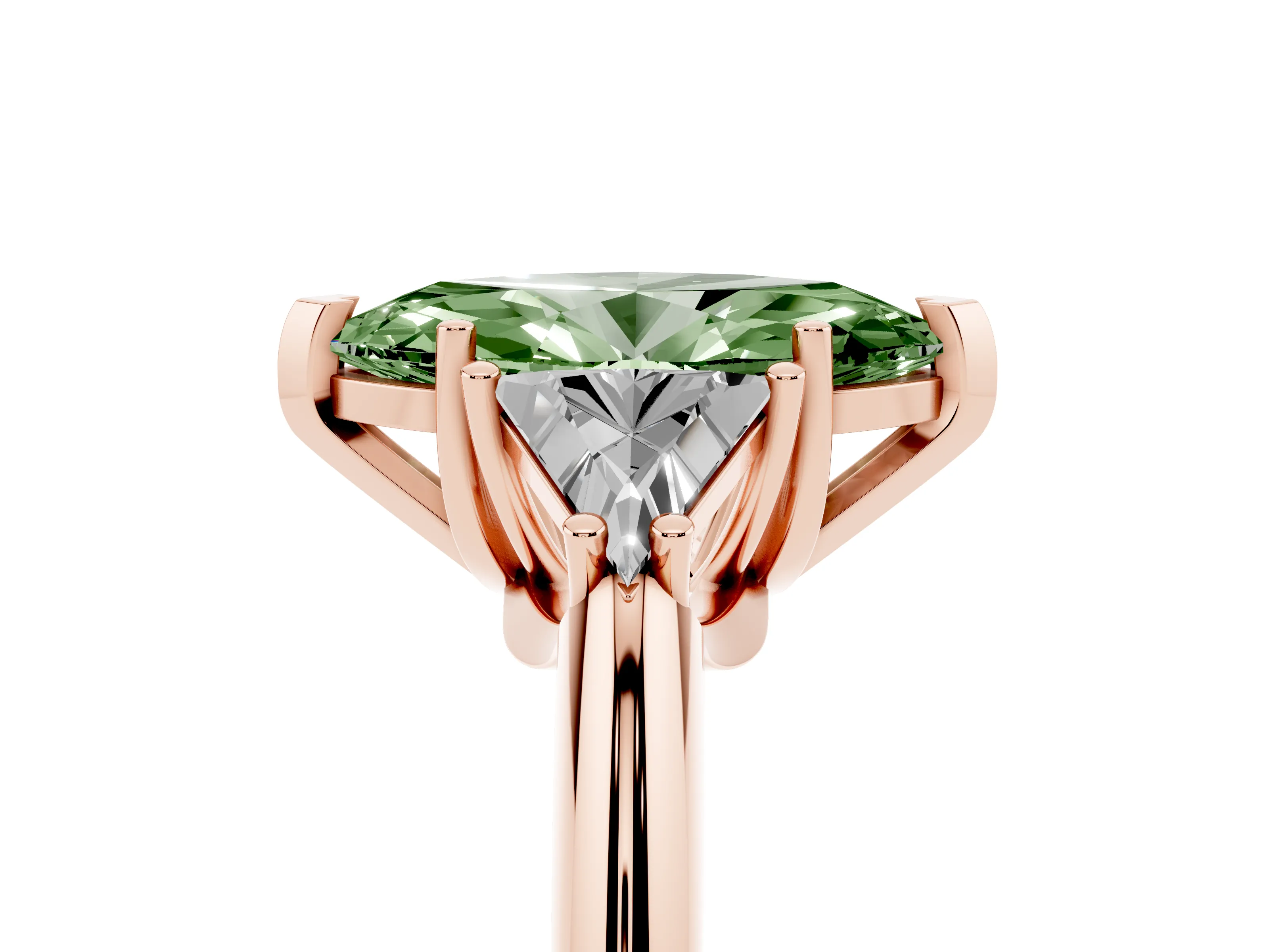 Fancy Green Marquise Cut Diamond Three-Stone Engagement Ring Set in Rose gold with Trillion Side Stones