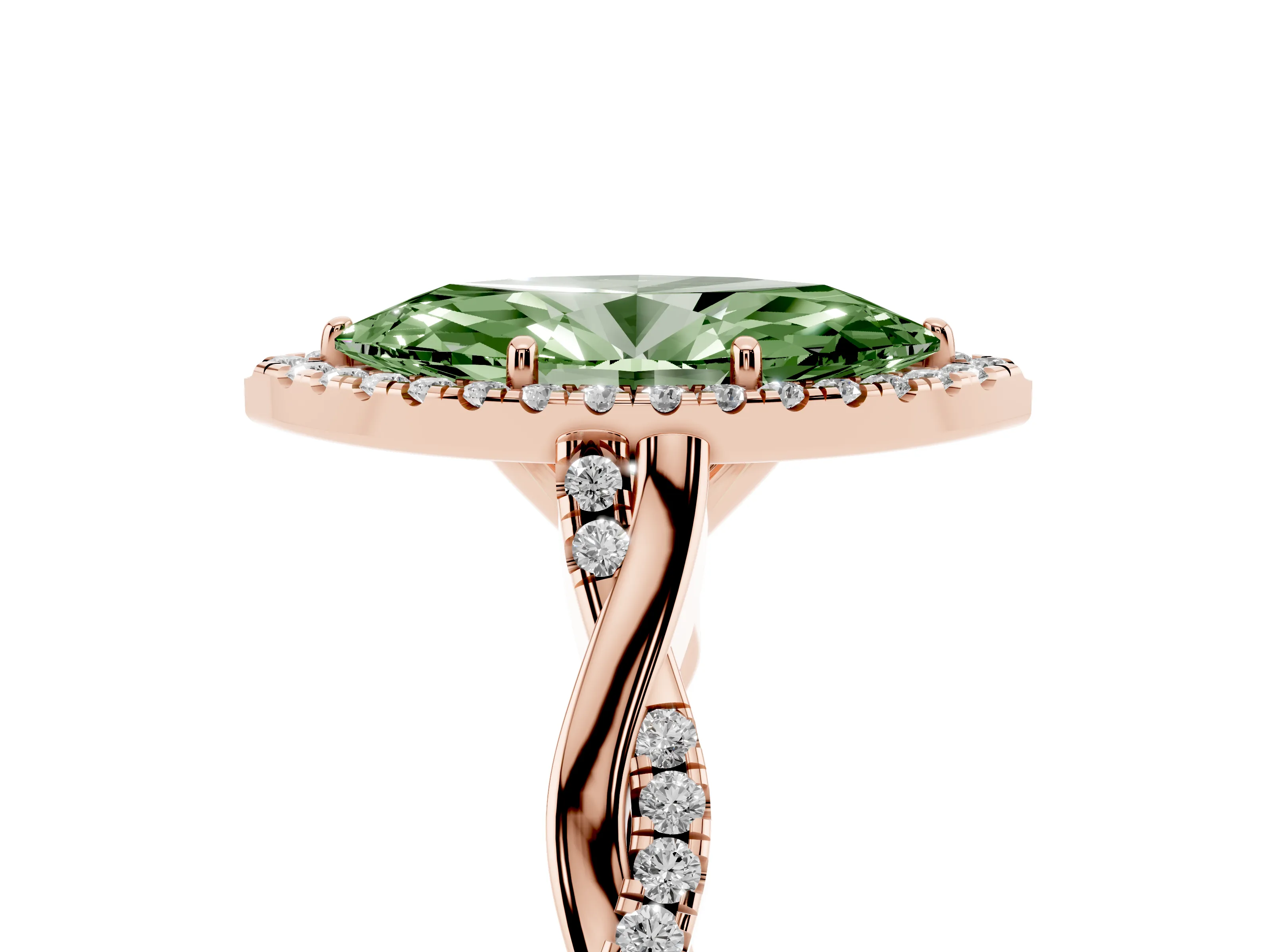 Fancy Green Marquise Cut Diamond Halo Twist Band Solitaire Ring Set in Rose gold with Prong Setting