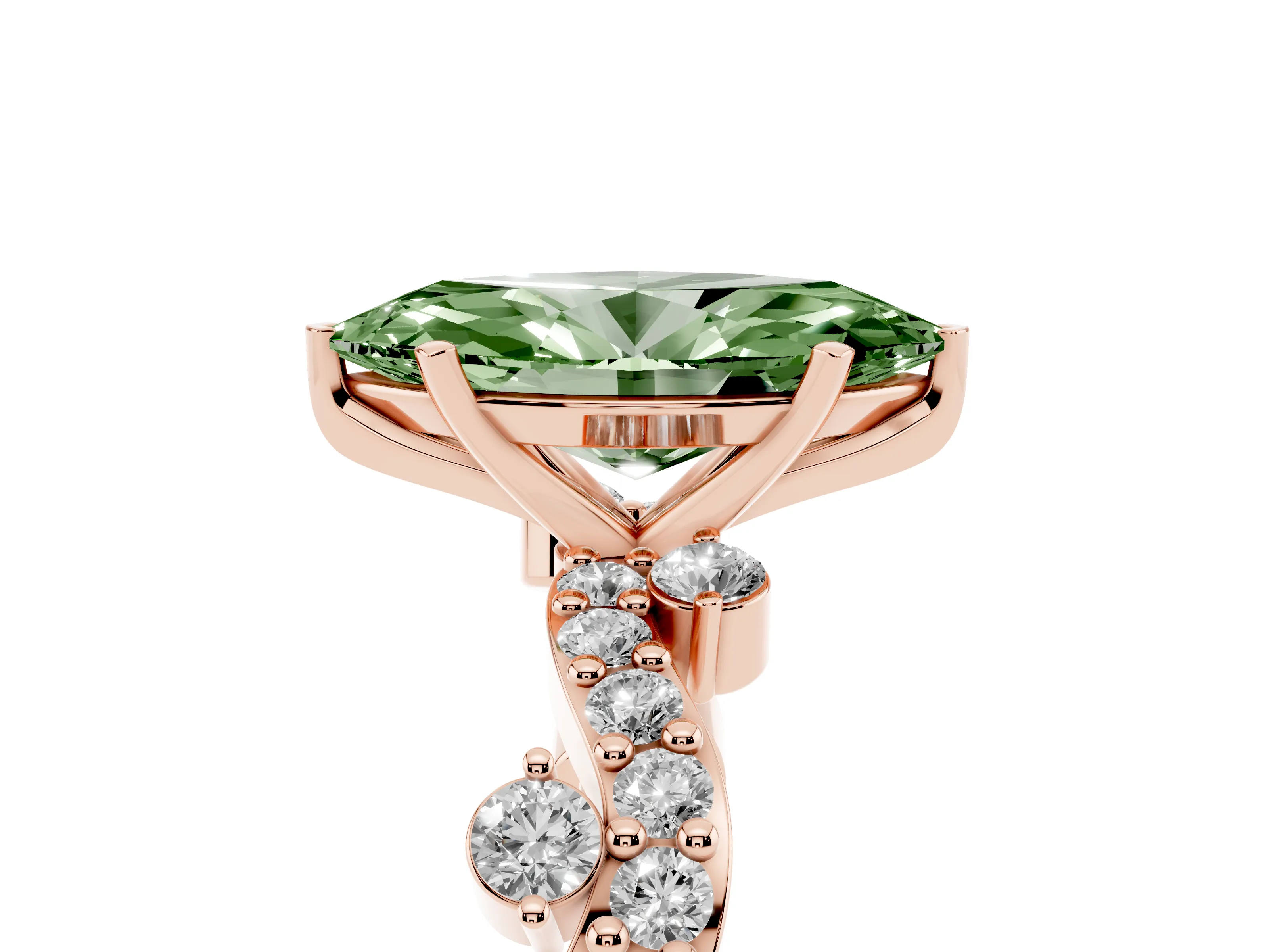 Fancy Green Marquise Cut Diamond Solitaire Twisted Band Set in Rose gold with Pavé Setting