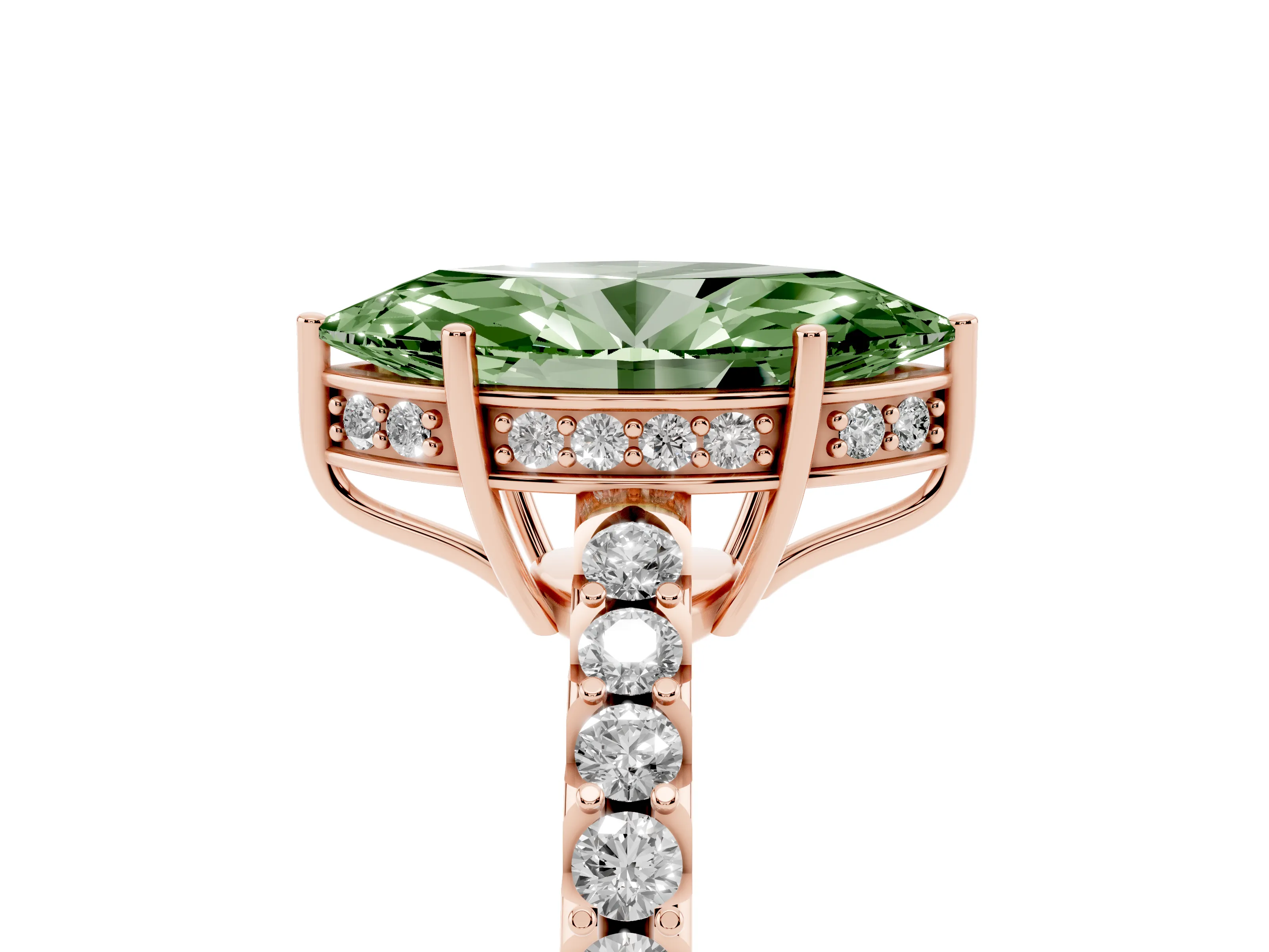 Fancy Green Marquise Cut Diamond Solitaire Engagement Ring Set in Rose gold with Pavé Band and Prong Setting