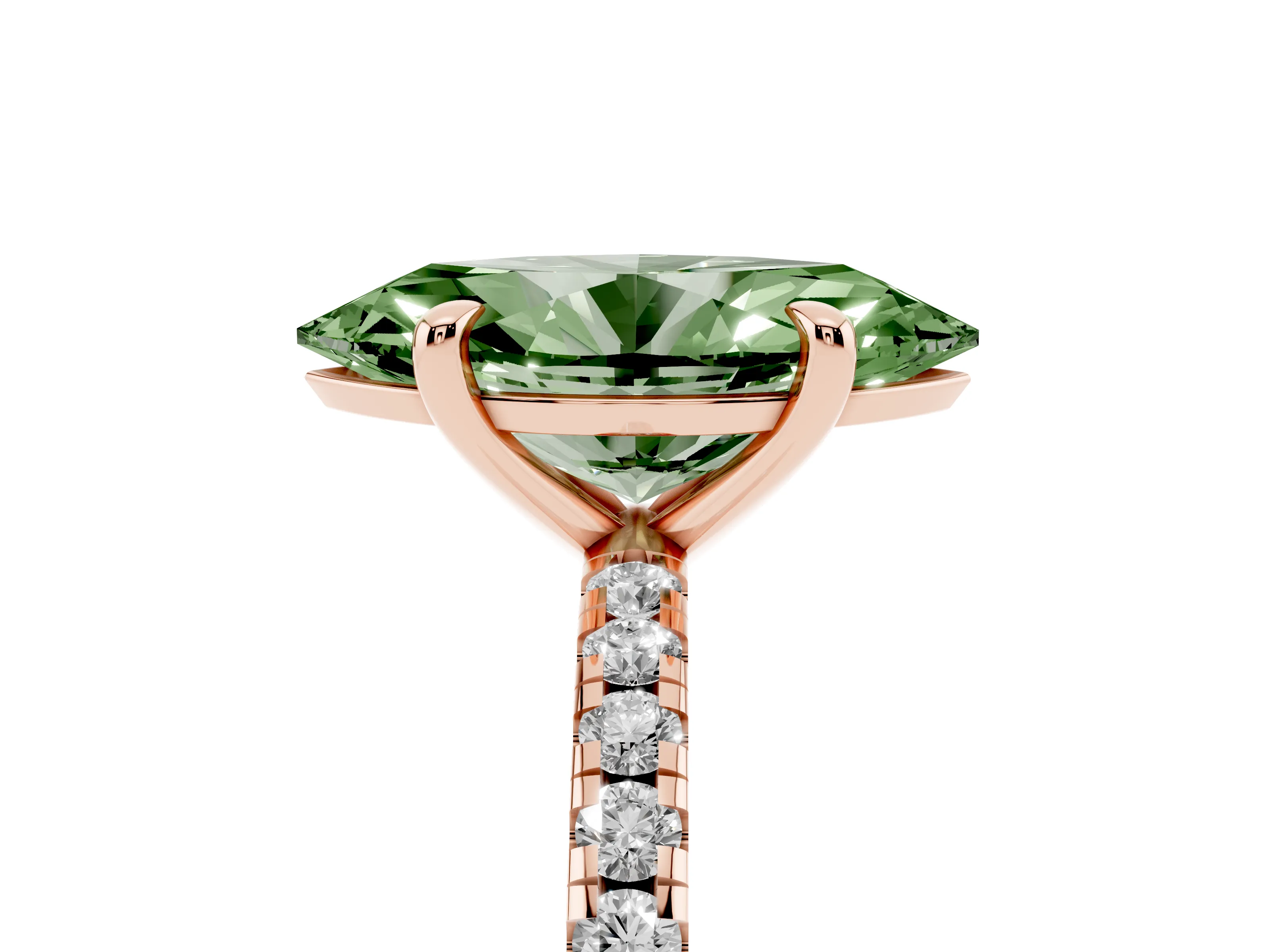 Fancy Green Marquise Cut Diamond Brilliant Solitaire Ring Set in Rose gold with Pavé Band and Prong Setting