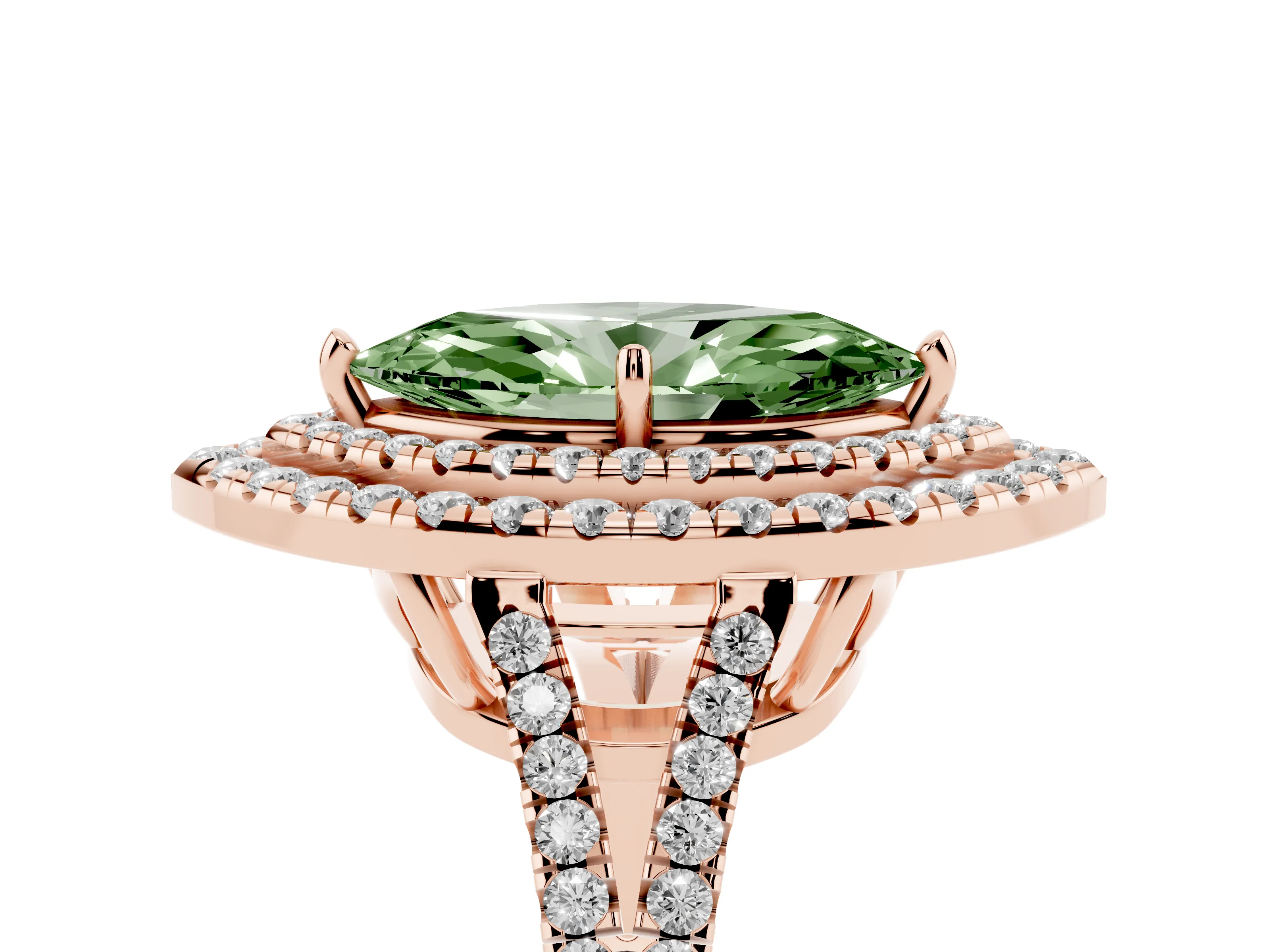 Fancy Green Marquise Cut Diamond Double Halo Ring Set in Rose gold with Pavé Band