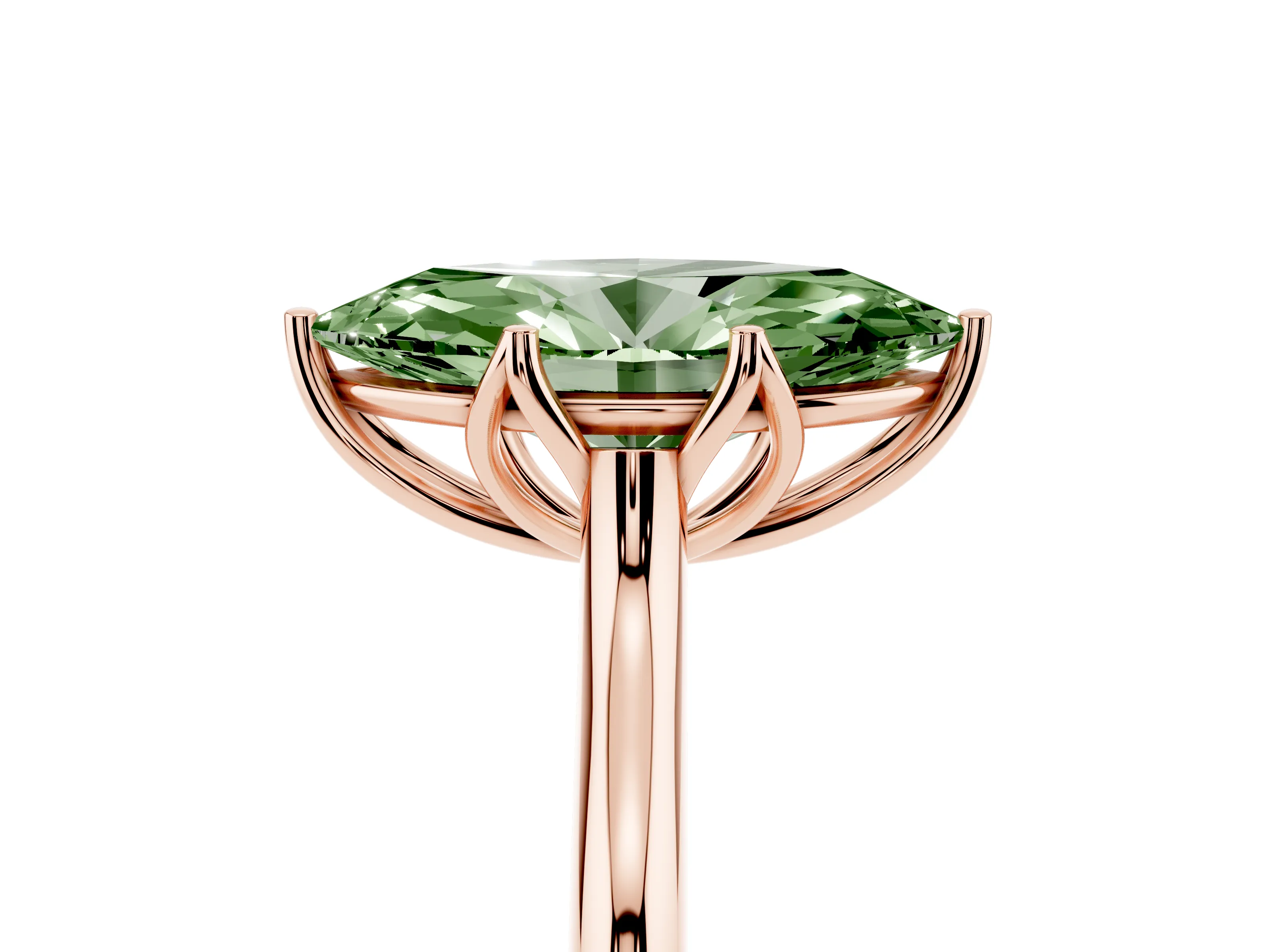 Fancy Green Marquise Cut Diamond Solitaire Cathedral Ring Set in Rose gold with Prong Setting