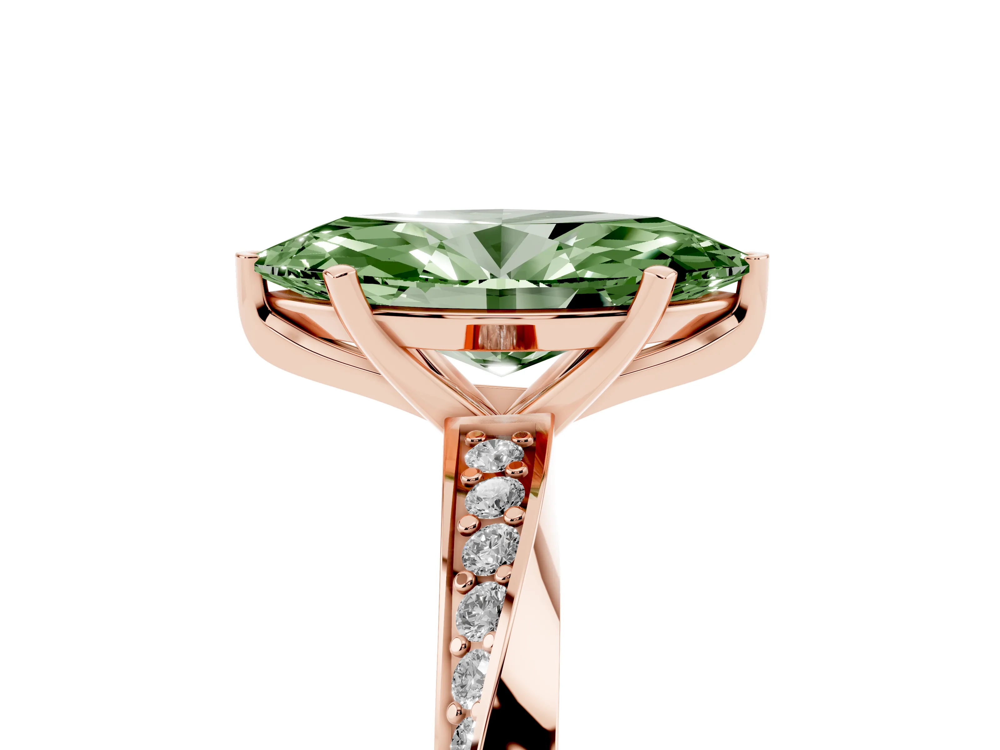 Fancy Green Marquise Cut Diamond Engagement Ring Set in Rose gold with Side Stone Accents and Prong Setting