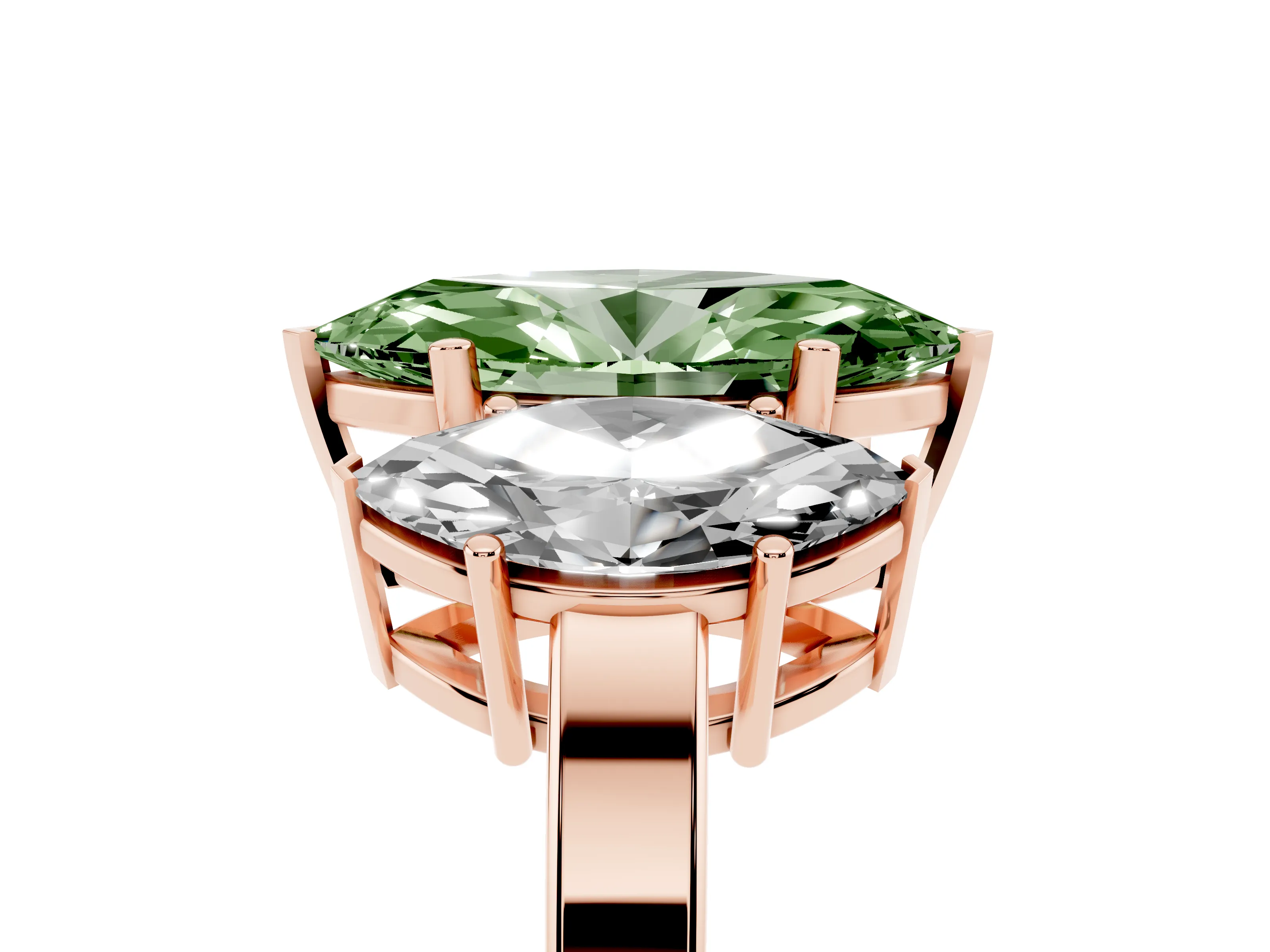 Fancy Green Marquise Cut Diamond Three-Stone Engagement Ring Set in Rose gold with Flat Band