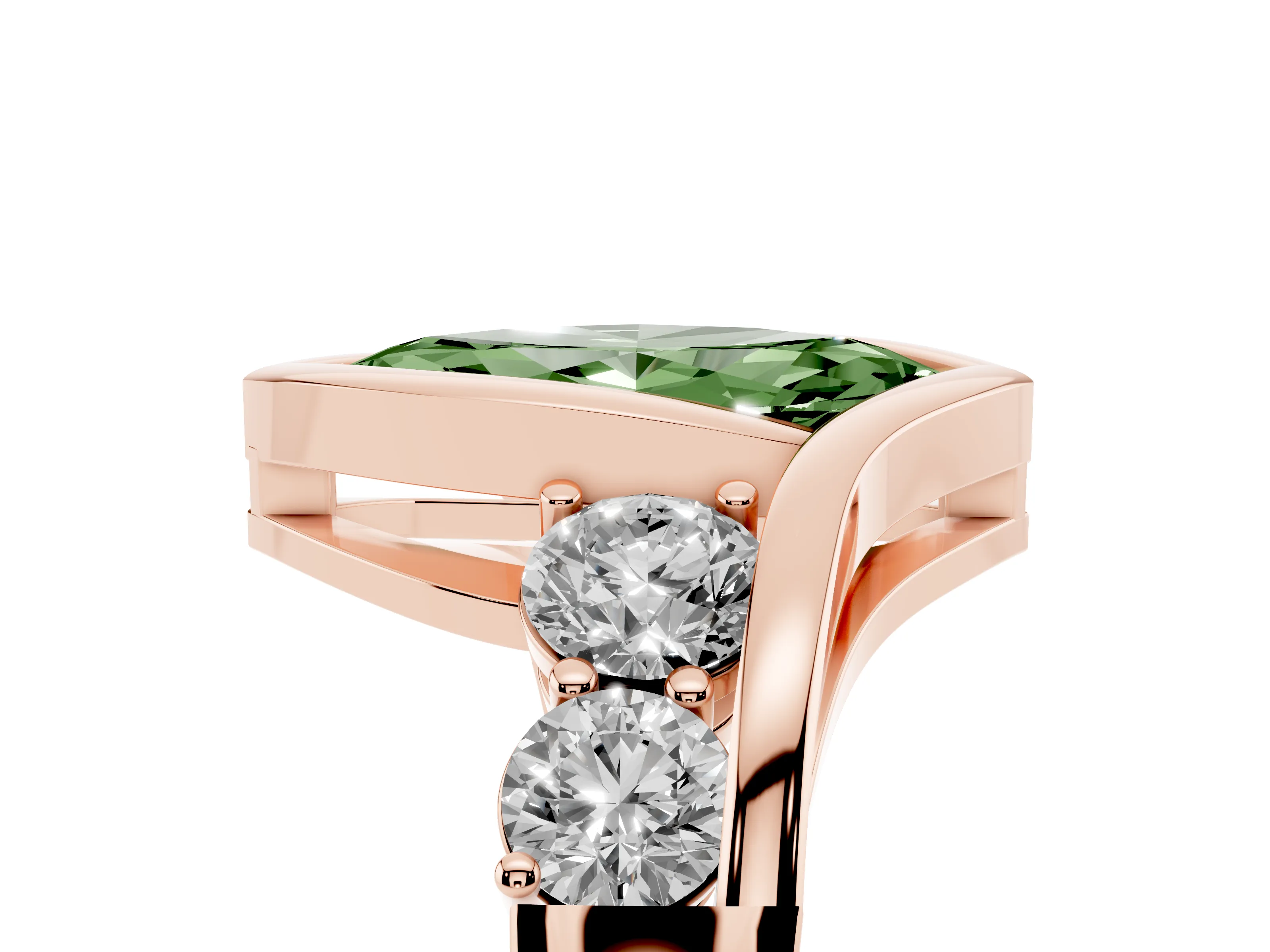 Fancy Green Marquise Cut Diamond Bezel Bypass Ring Set in Rose gold with Round Accents