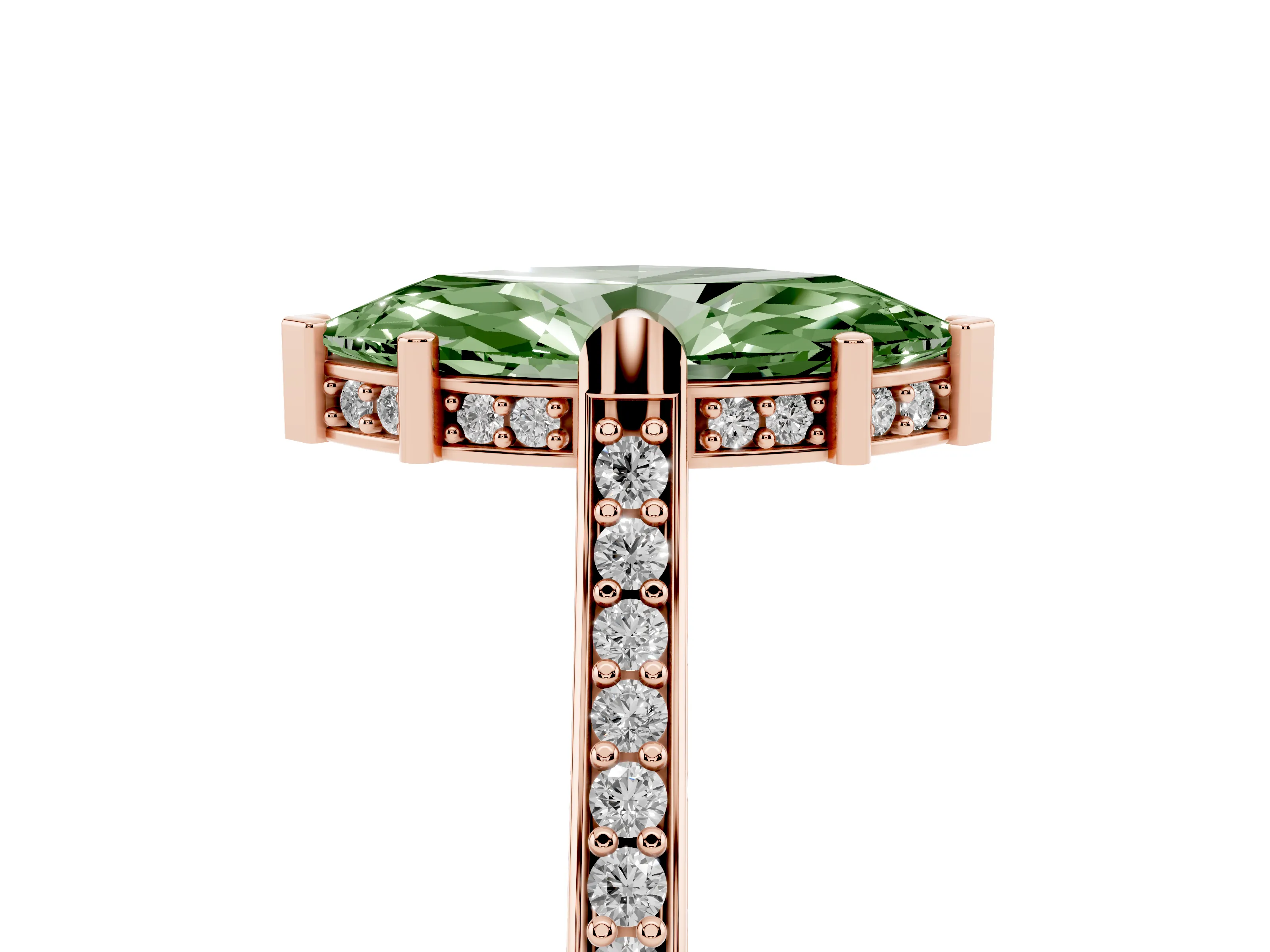 Fancy Green Marquise Cut Diamond Solitaire Ring Set in Rose gold with Channel Set Band and Bezel Prong Setting