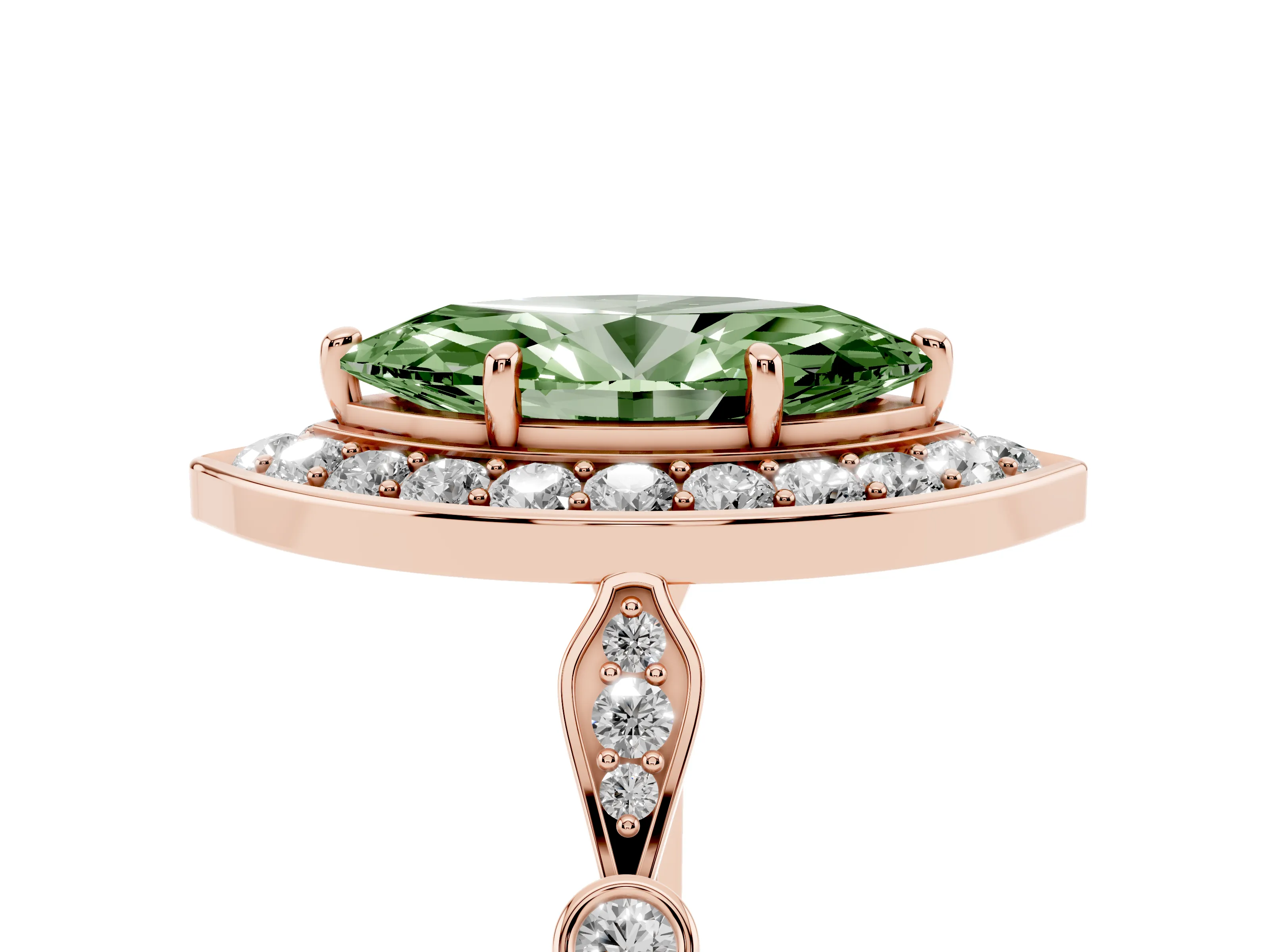 Fancy Green Marquise Cut Diamond Halo Engagement Ring Set in Rose gold with Twisted Band and Prong Setting