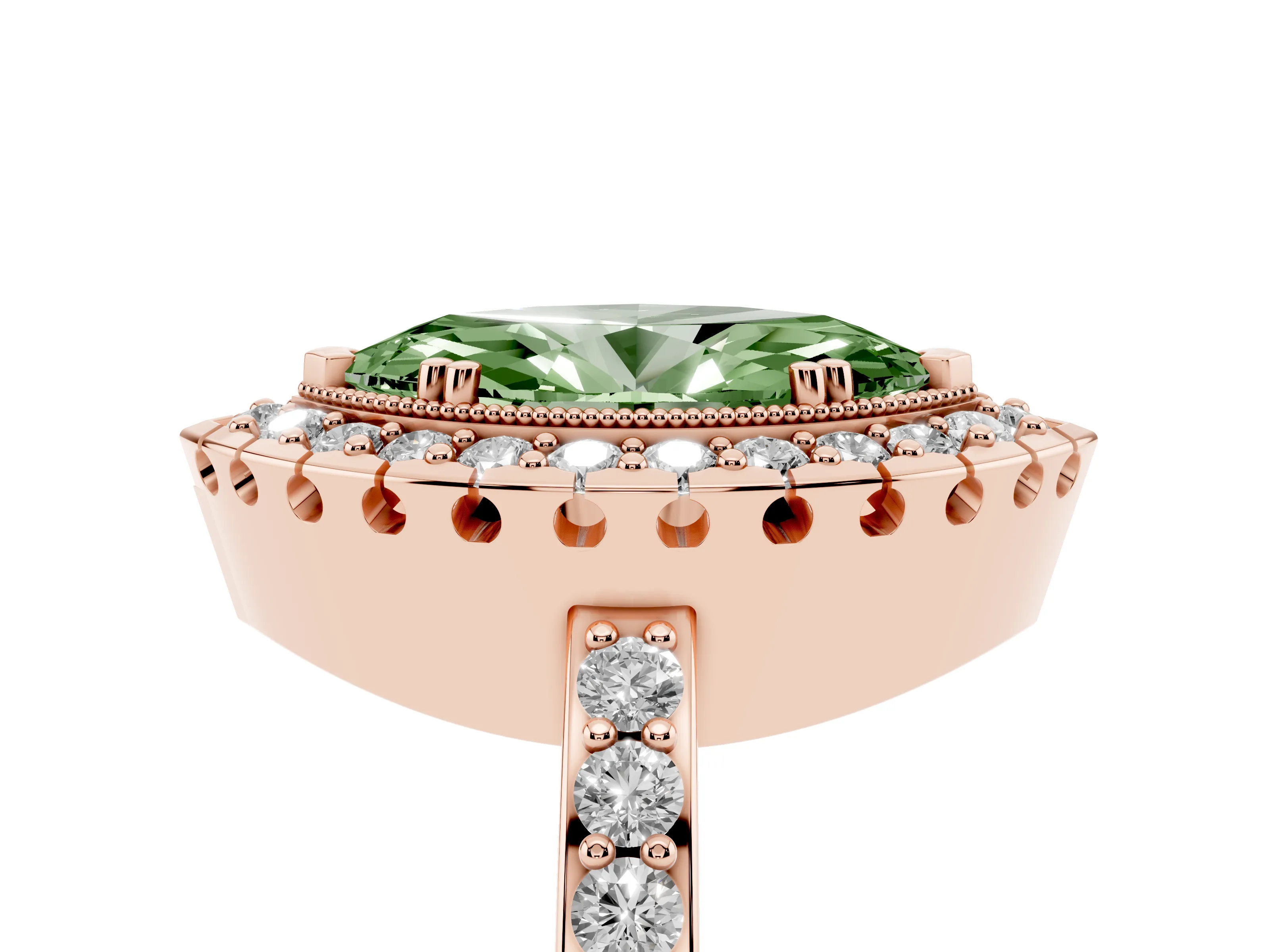 Fancy Green Marquise Cut Diamond Halo Ring Set in Rose gold with Pavé Shank and Prong Setting
