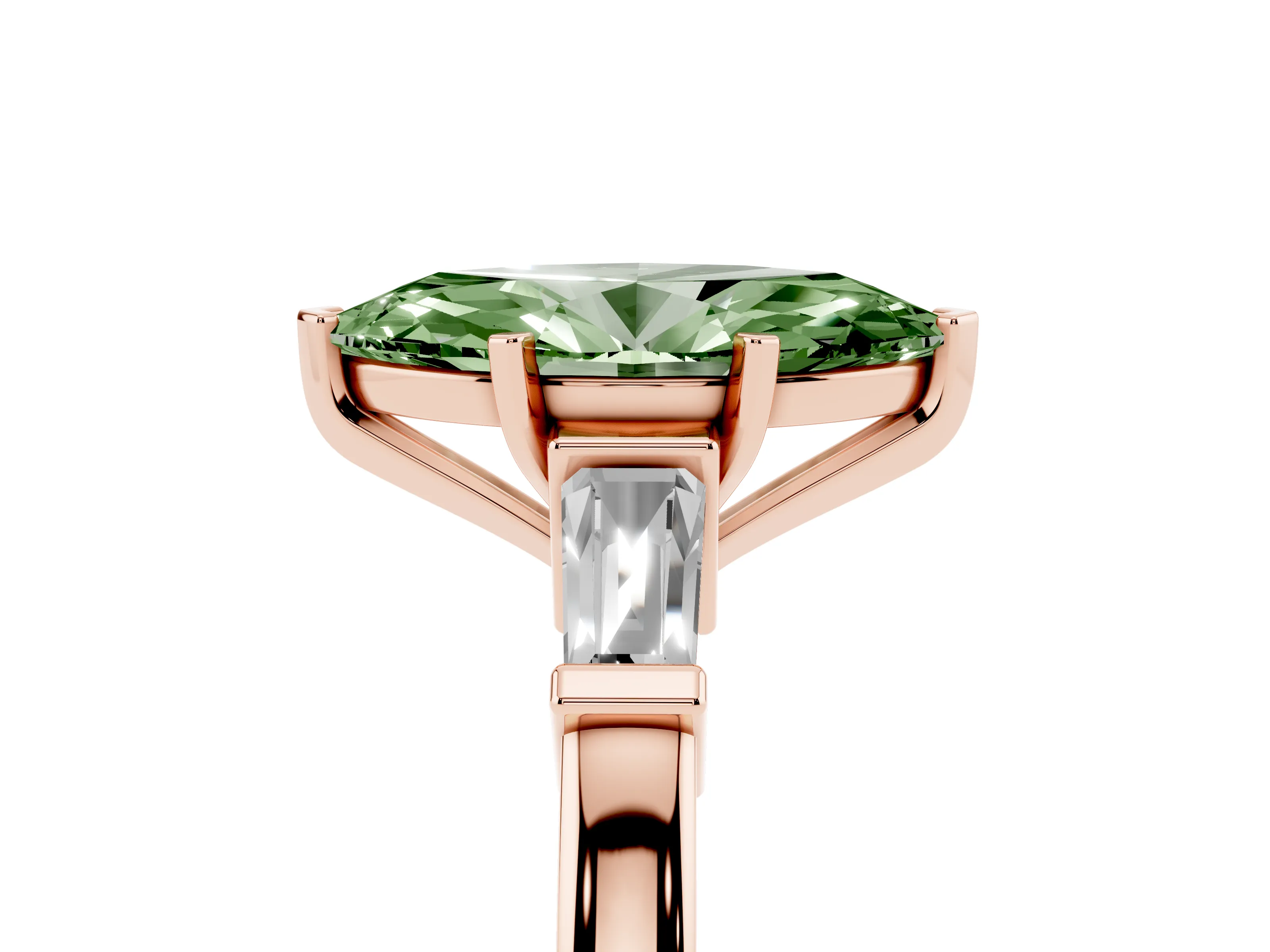 Fancy Green Marquise Cut Diamond Solitaire Ring Set in Rose gold with Tapered Baguette Accents and Prong Setting