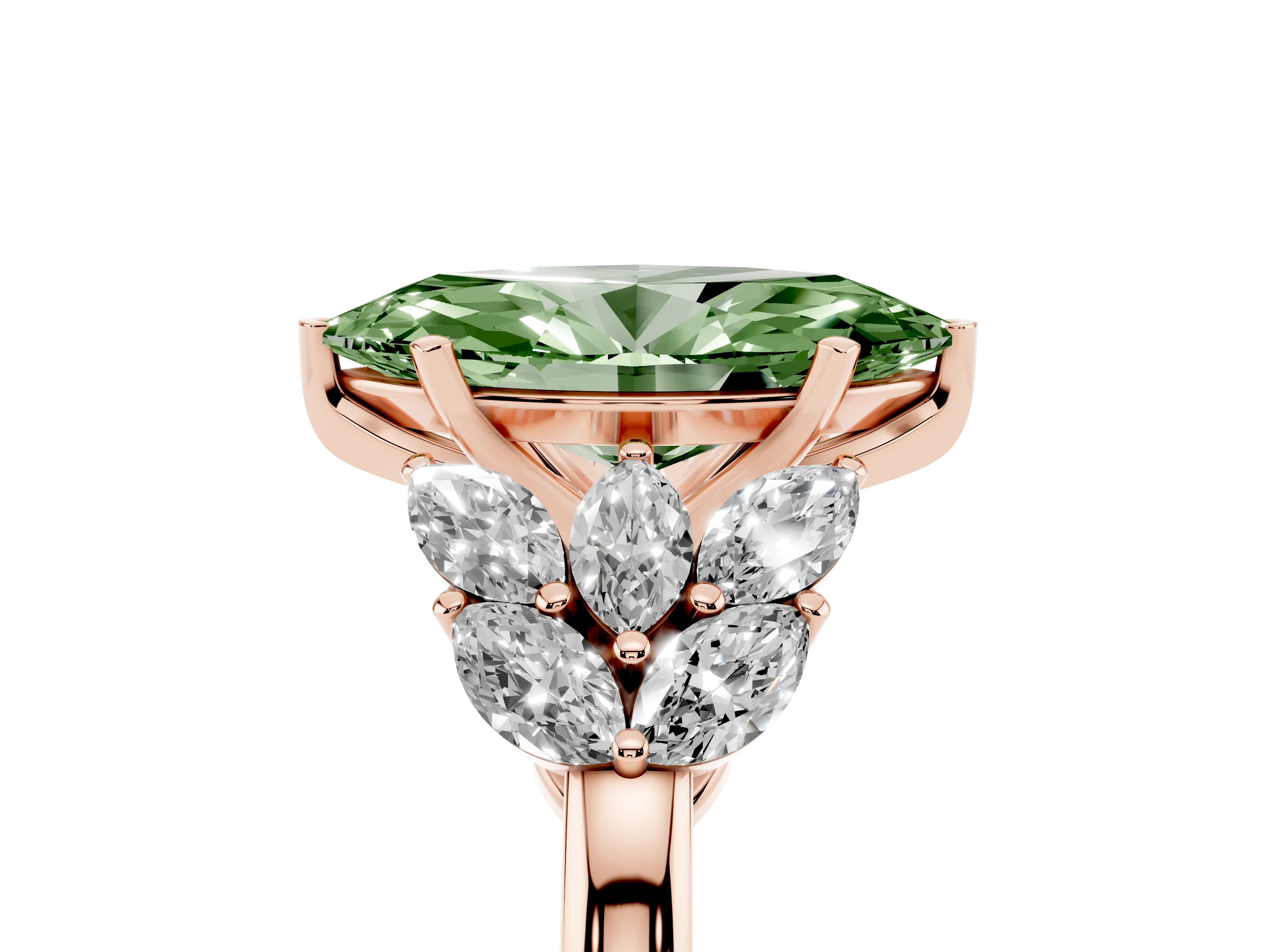 Fancy Green Marquise Cut Diamond Cluster Leaf Design Ring Set in Rose gold with Prong Setting